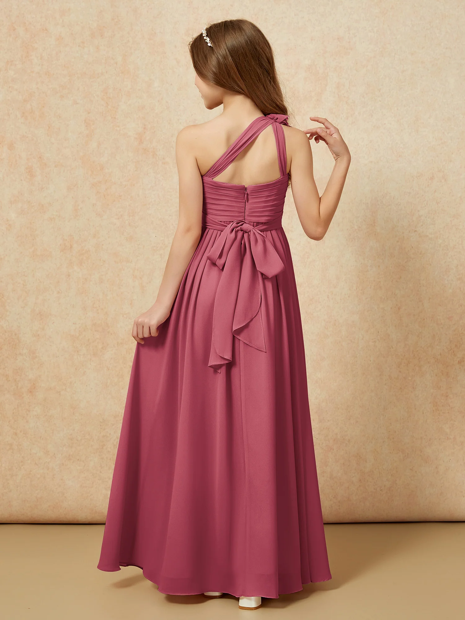 One Shoulder Long Junior Bridesmaid Dress With Slit Cinnamon Rose - Image 2