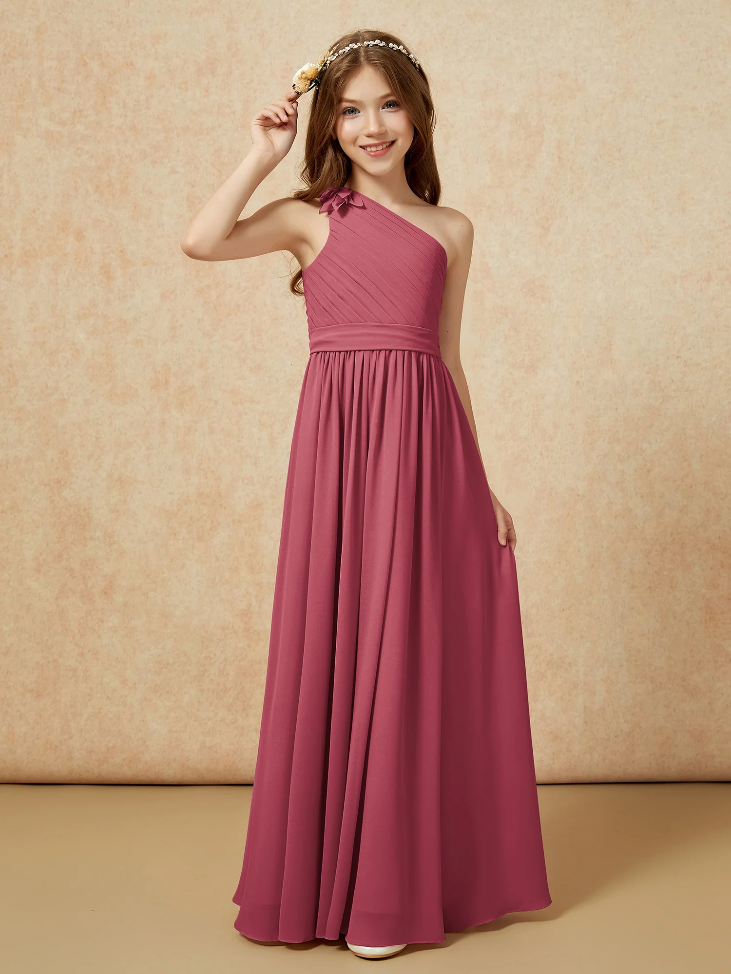 One Shoulder Long Junior Bridesmaid Dress With Slit Cinnamon Rose - Image 3
