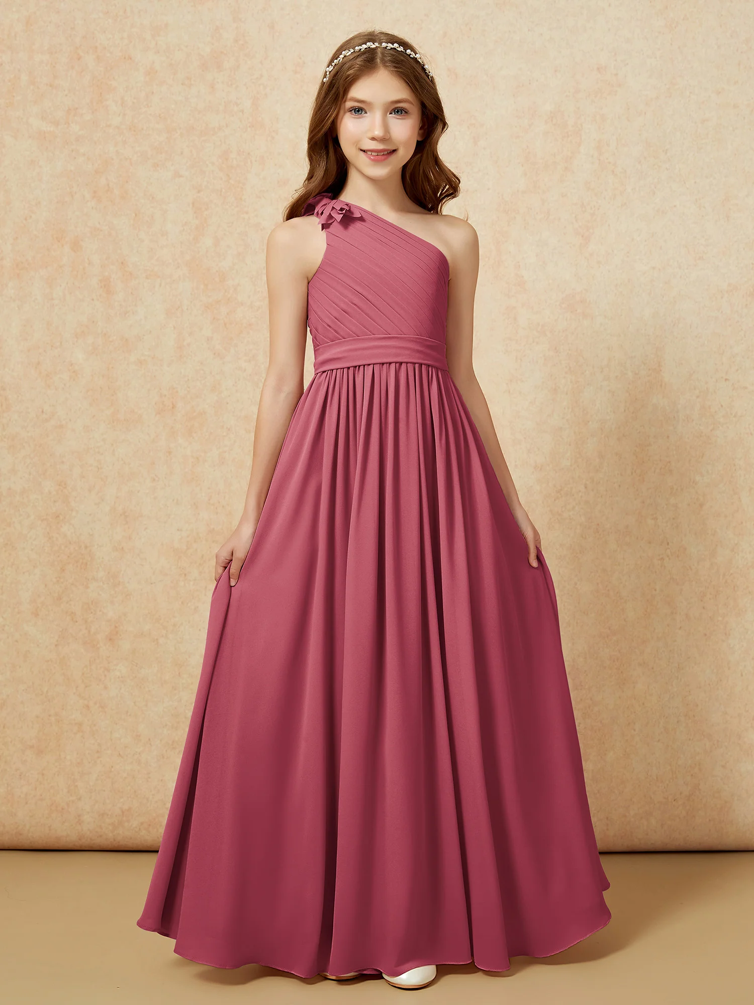 One Shoulder Long Junior Bridesmaid Dress With Slit Cinnamon Rose - Image 4