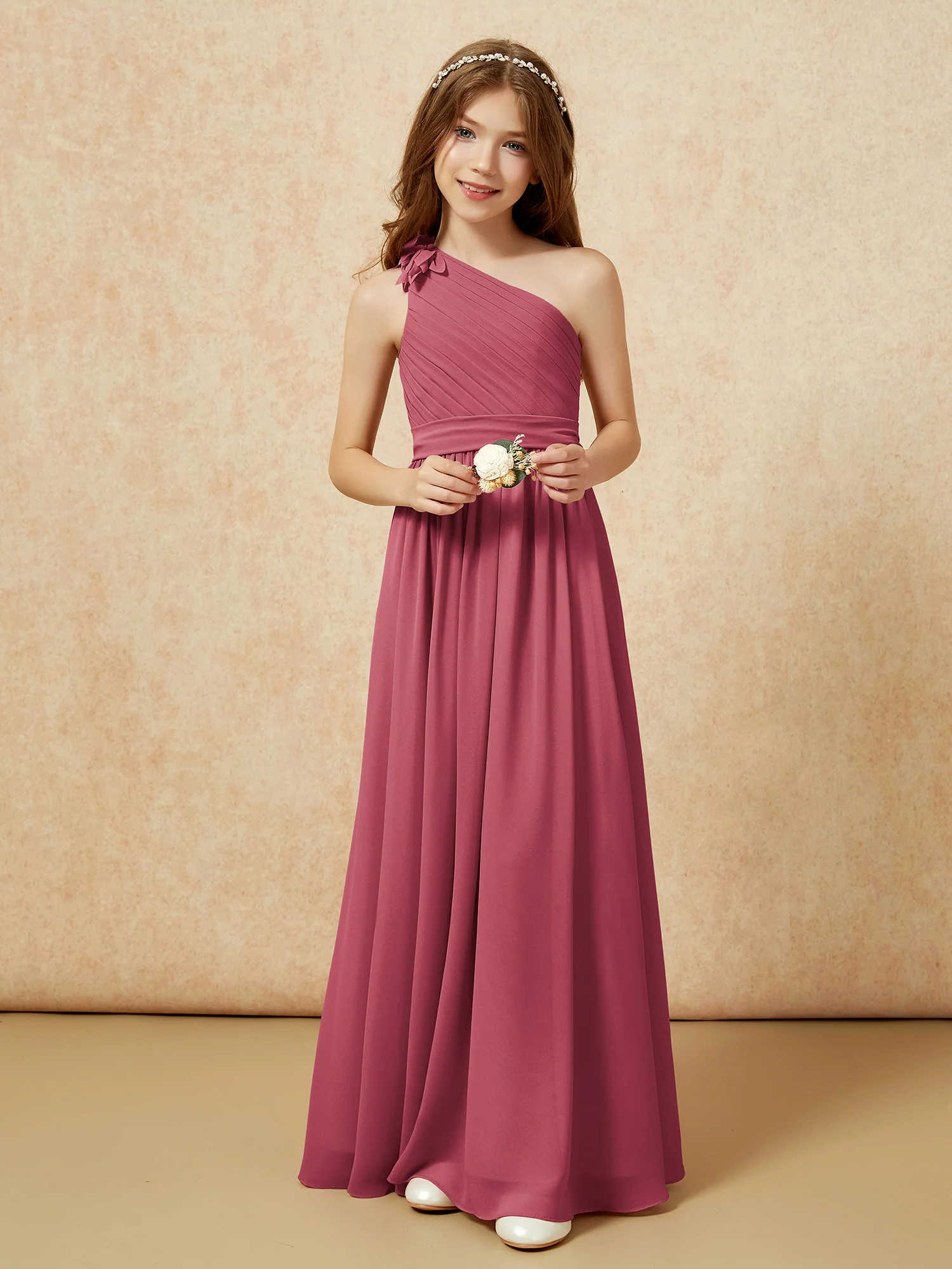 One Shoulder Long Junior Bridesmaid Dress With Slit Cinnamon Rose - Image 6