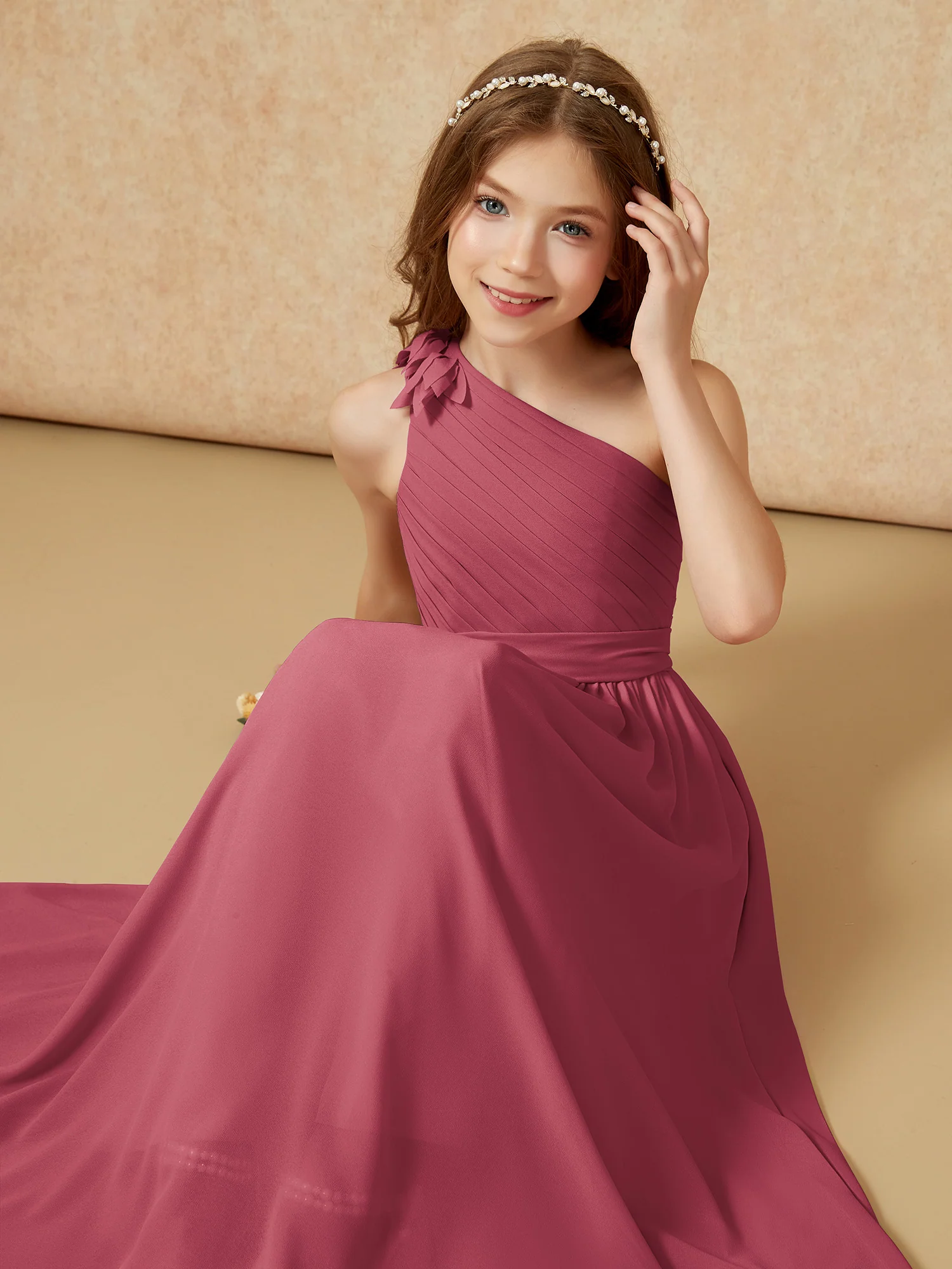 One Shoulder Long Junior Bridesmaid Dress With Slit Cinnamon Rose - Image 7