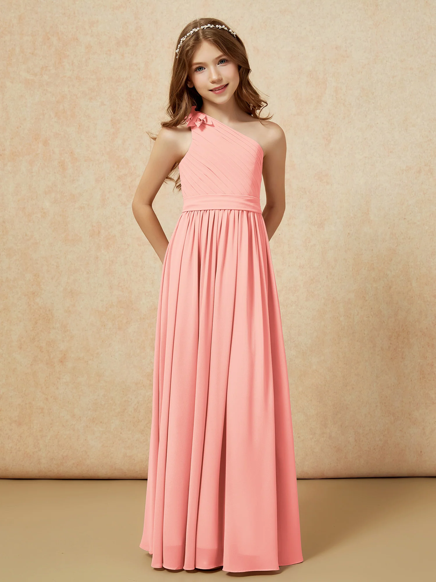 One Shoulder Long Junior Bridesmaid Dress With Slit Coral - Image 5