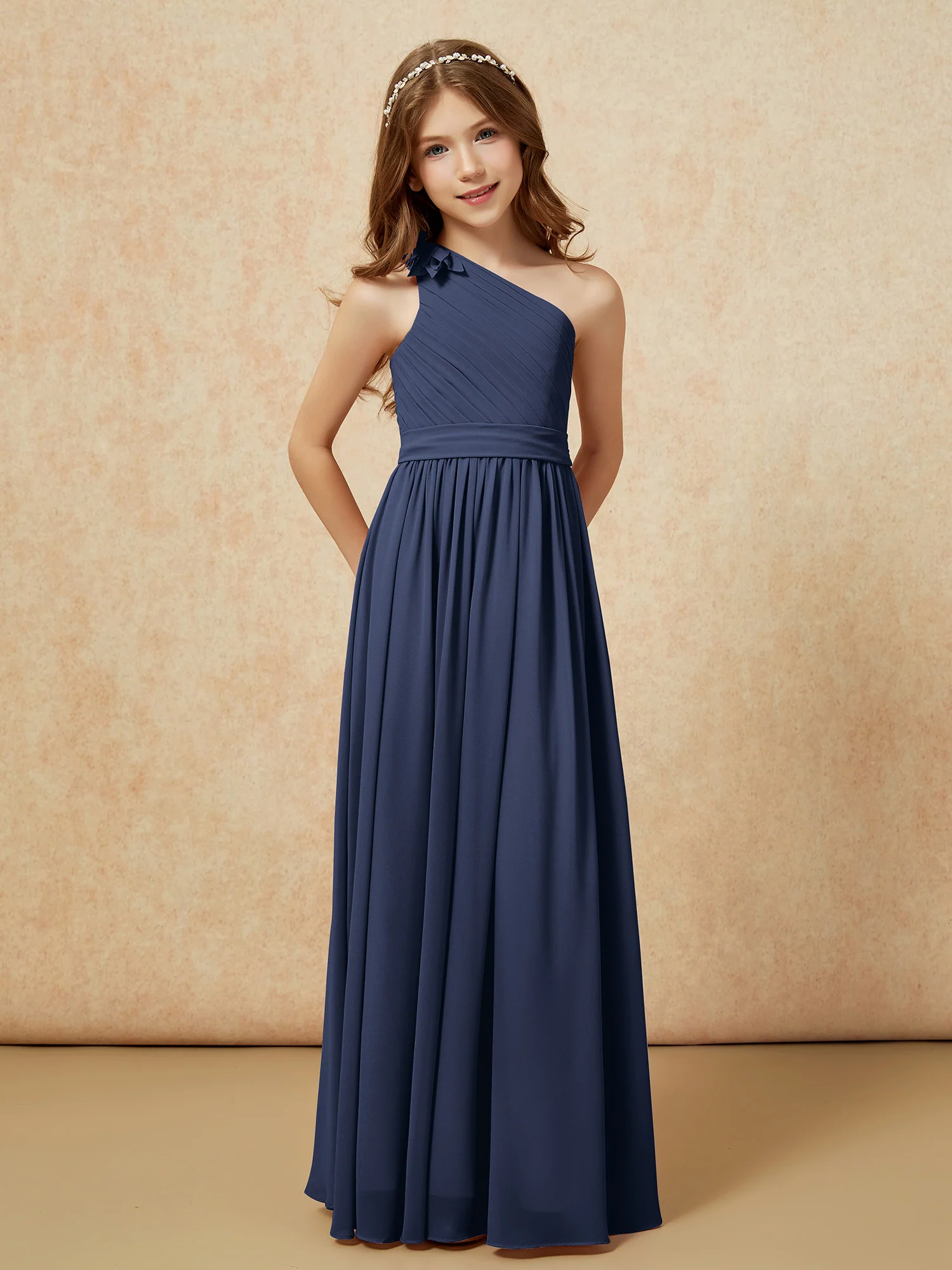 One Shoulder Long Junior Bridesmaid Dress With Slit Dark Navy - Image 5