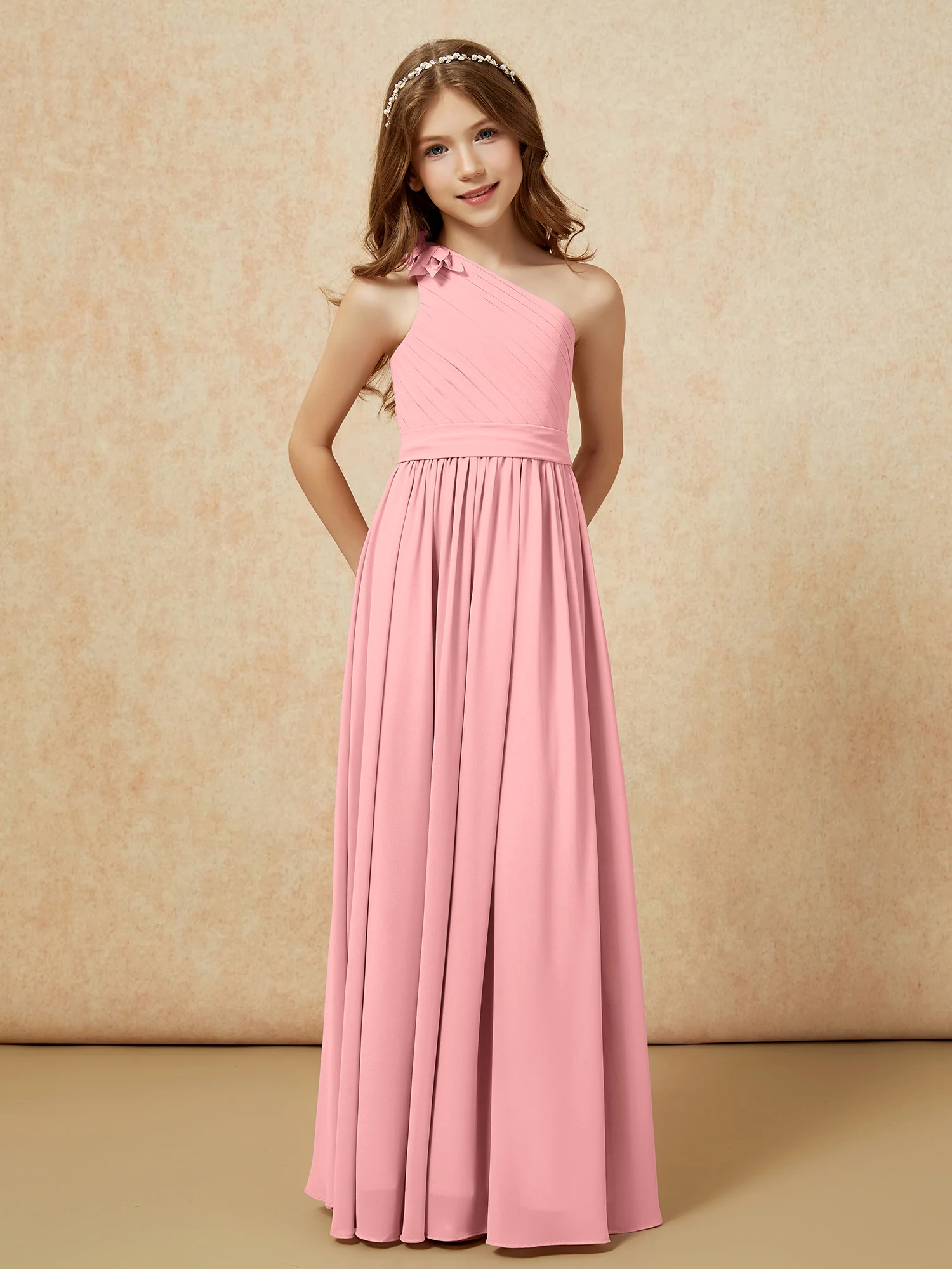 One Shoulder Long Junior Bridesmaid Dress With Slit Flamingo - Image 5