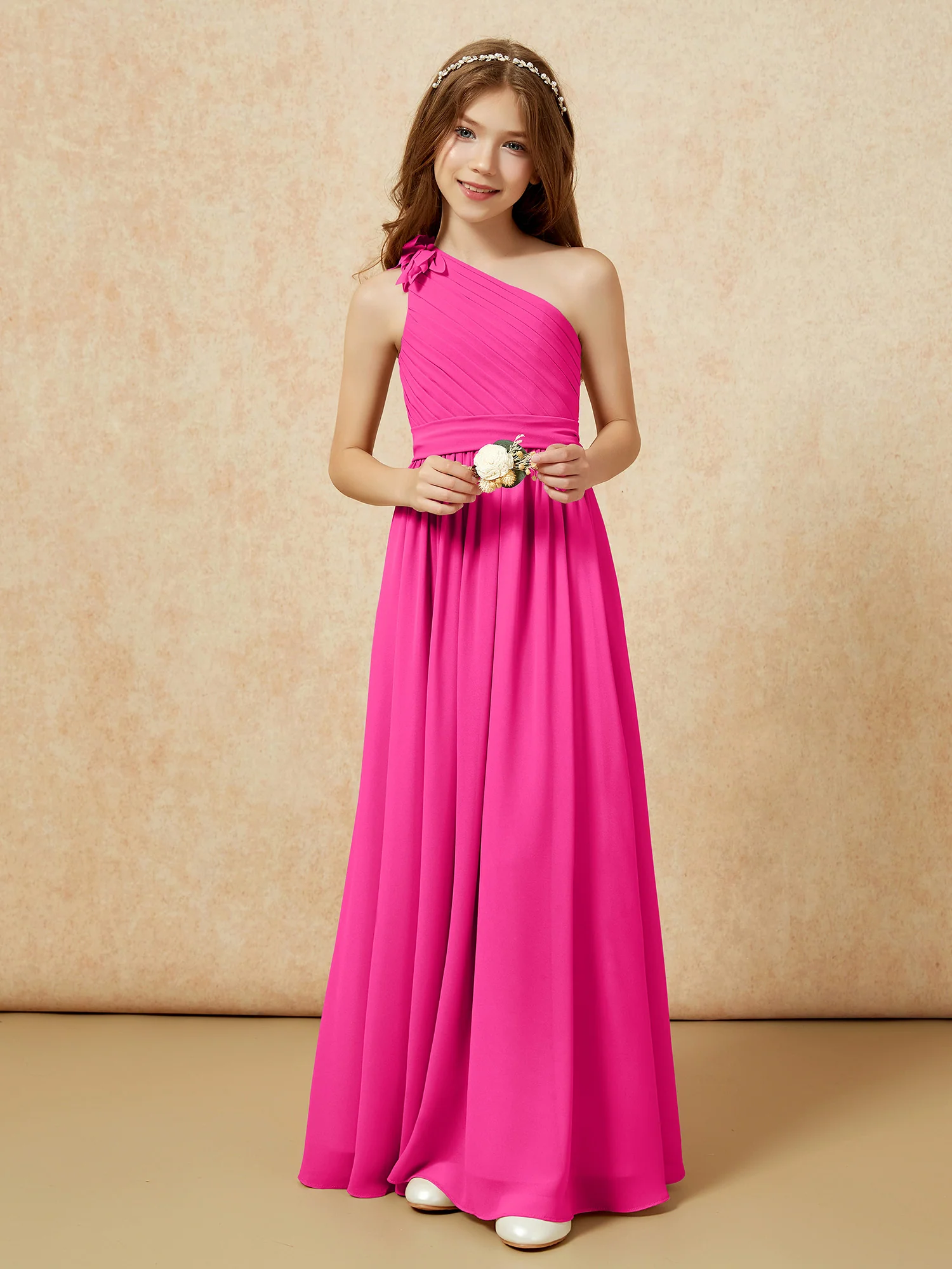 One Shoulder Long Junior Bridesmaid Dress With Slit Fuchsia - Image 6