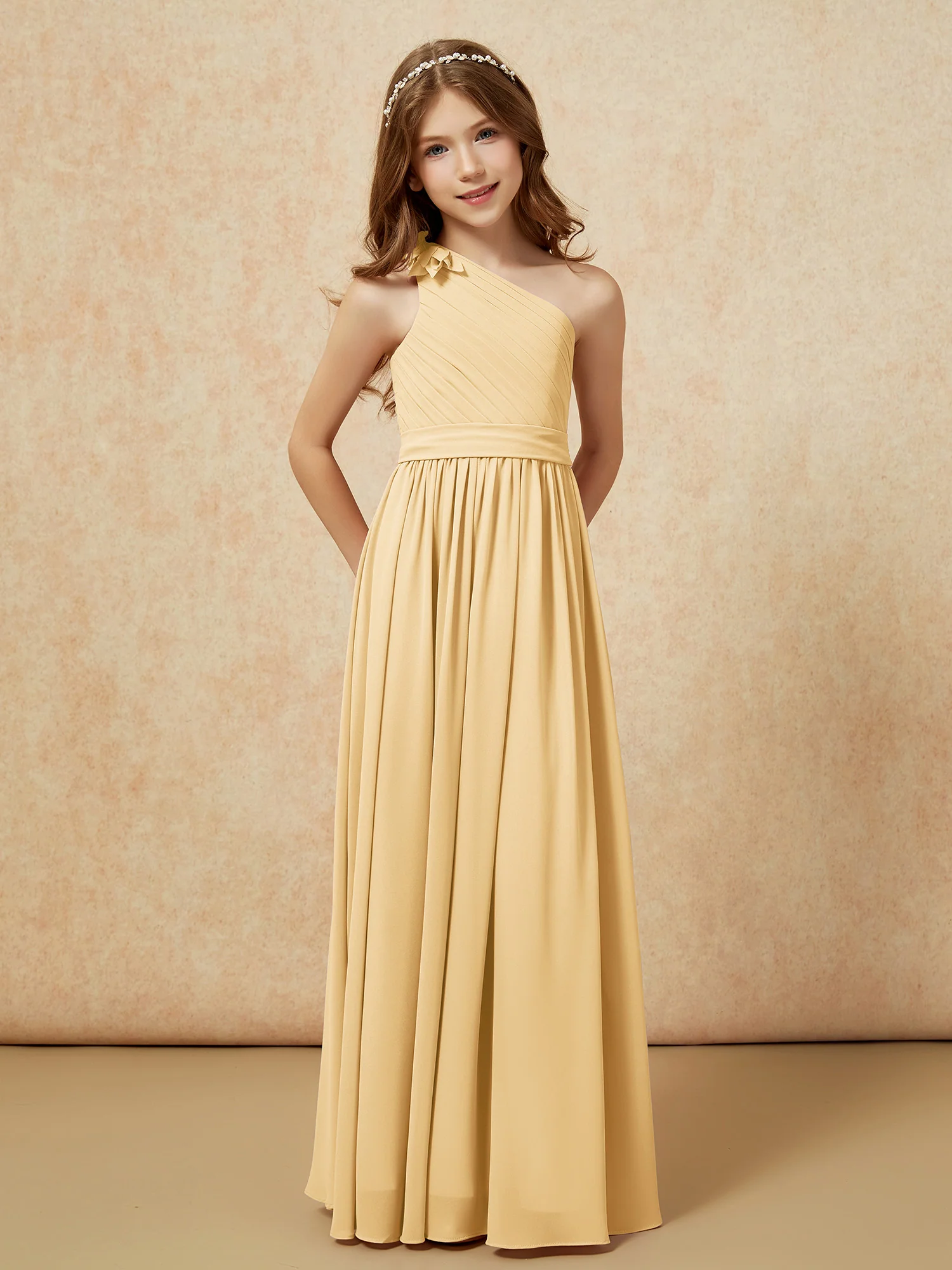 One Shoulder Long Junior Bridesmaid Dress With Slit Gold - Image 5
