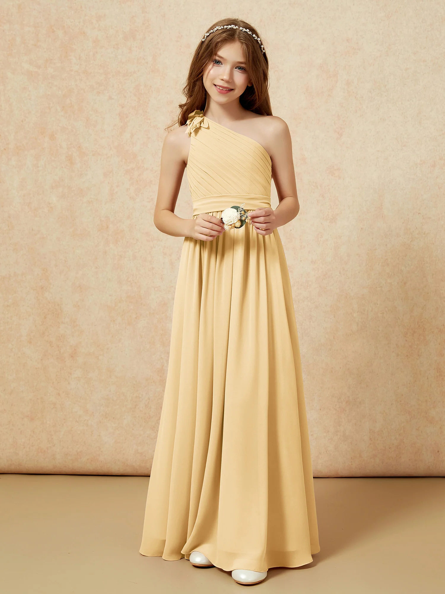 One Shoulder Long Junior Bridesmaid Dress With Slit Gold - Image 6