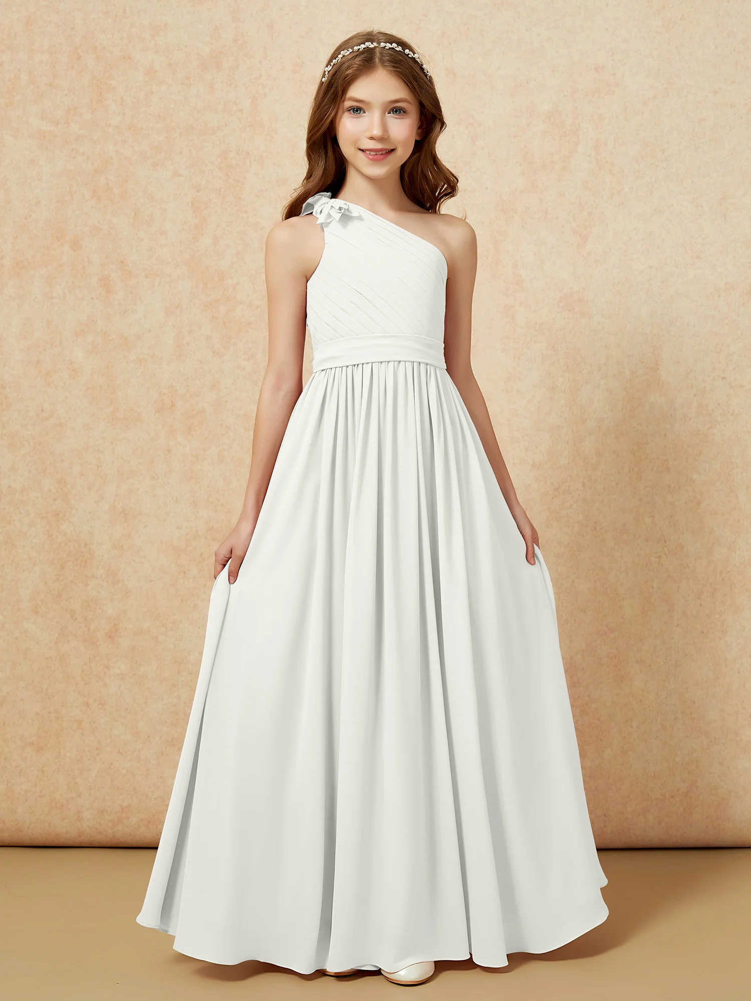 One Shoulder Long Junior Bridesmaid Dress With Slit Ivory - Image 4