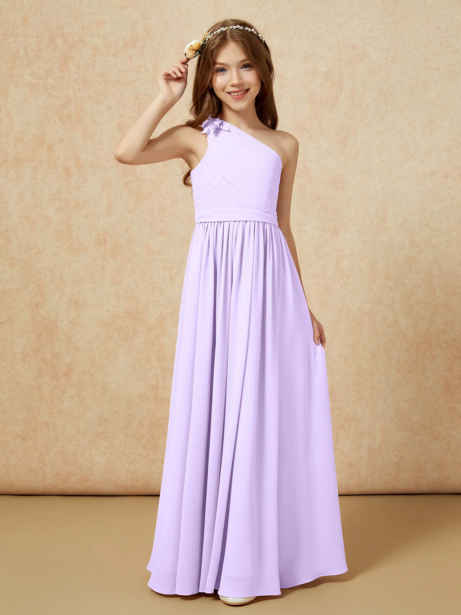 One Shoulder Long Junior Bridesmaid Dress With Slit Lilac - Image 3