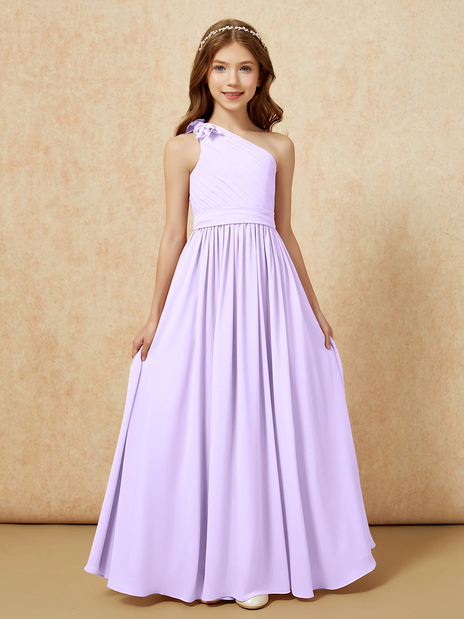 One Shoulder Long Junior Bridesmaid Dress With Slit Lilac - Image 4
