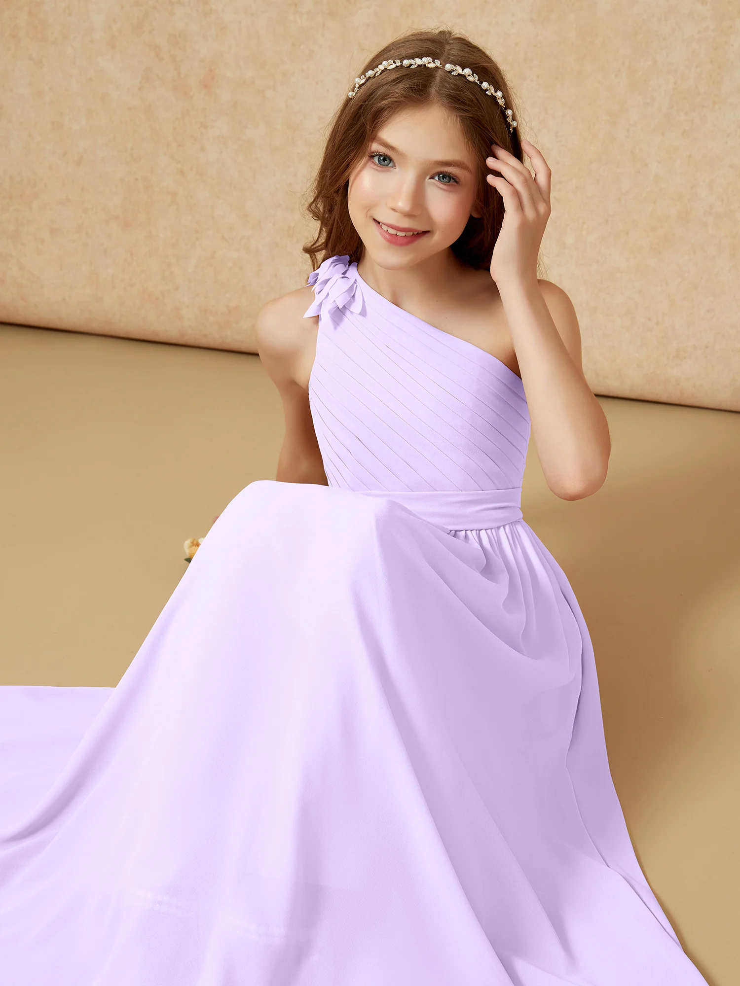 One Shoulder Long Junior Bridesmaid Dress With Slit Lilac - Image 7