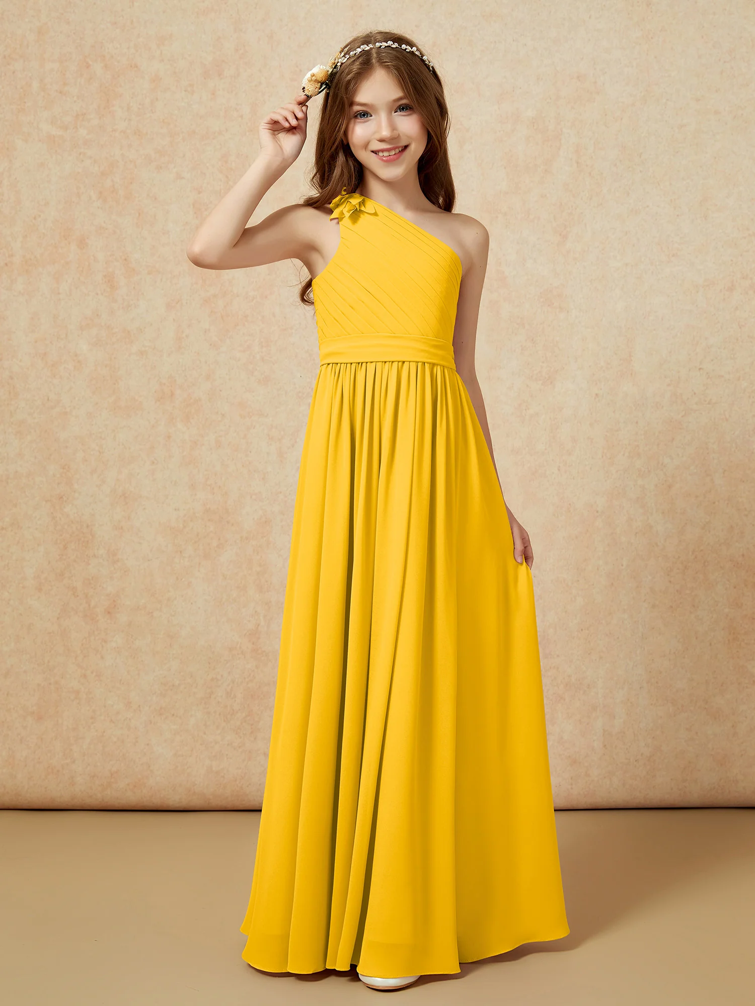 One Shoulder Long Junior Bridesmaid Dress With Slit Marigold - Image 3