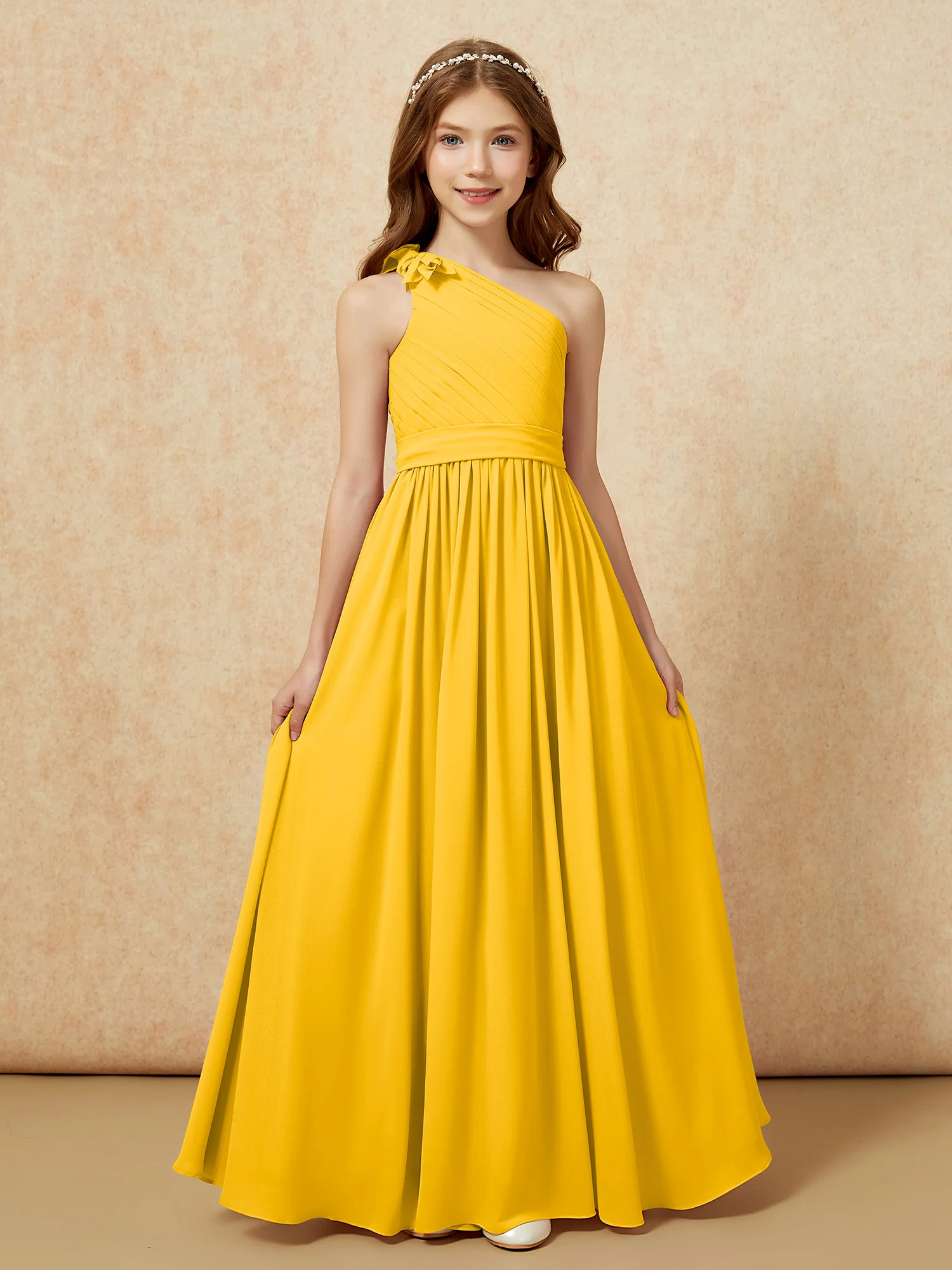 One Shoulder Long Junior Bridesmaid Dress With Slit Marigold - Image 4