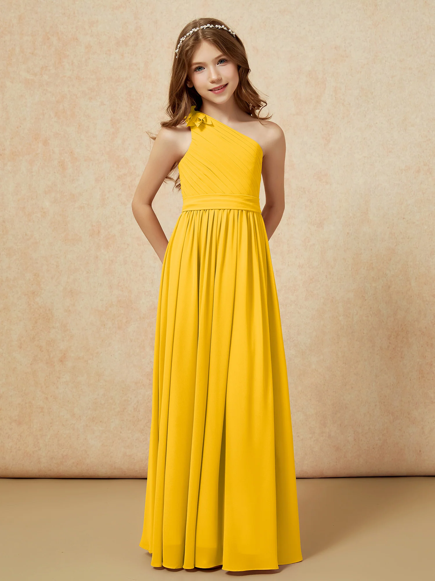 One Shoulder Long Junior Bridesmaid Dress With Slit Marigold - Image 5