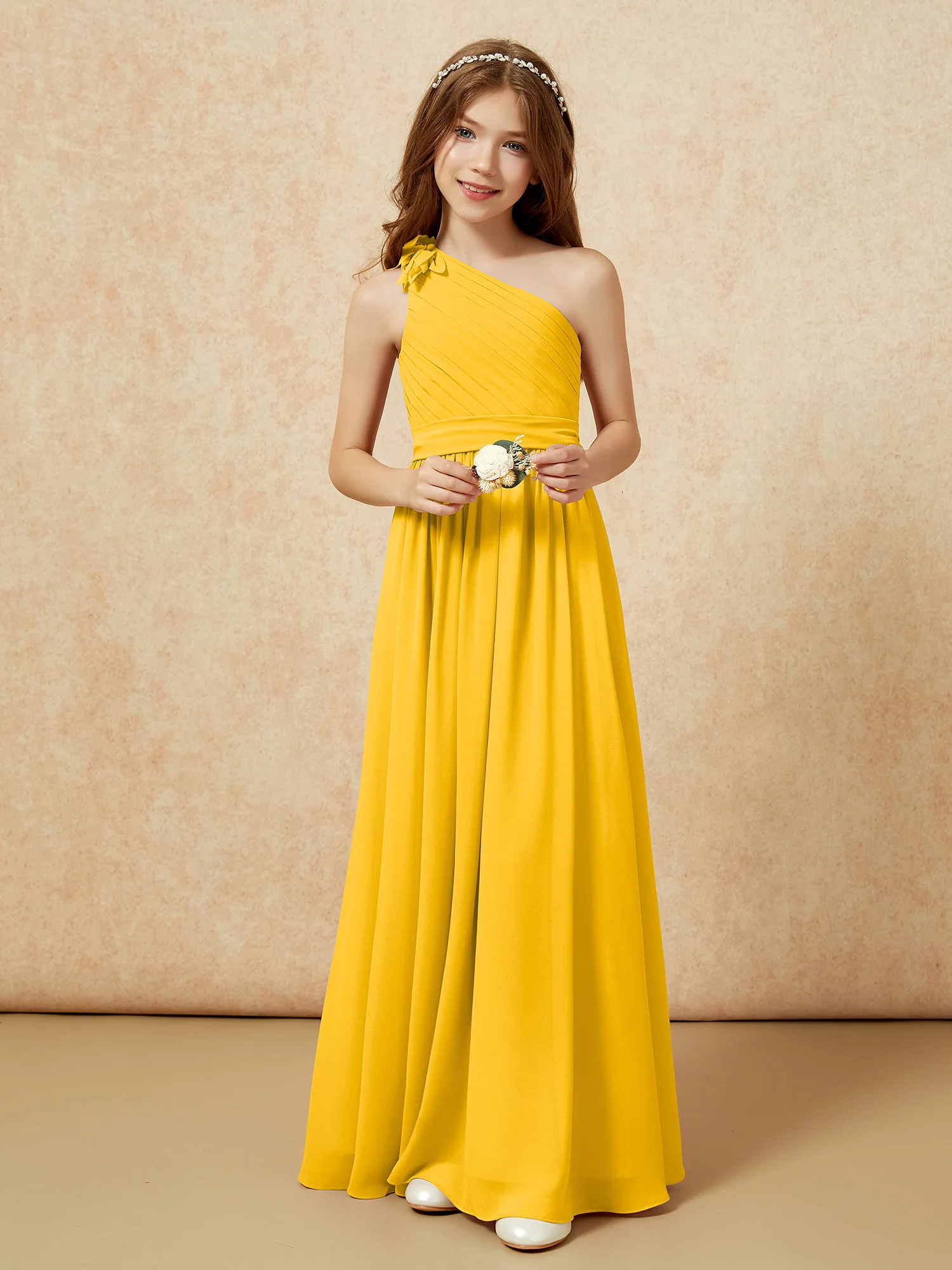 One Shoulder Long Junior Bridesmaid Dress With Slit Marigold - Image 6