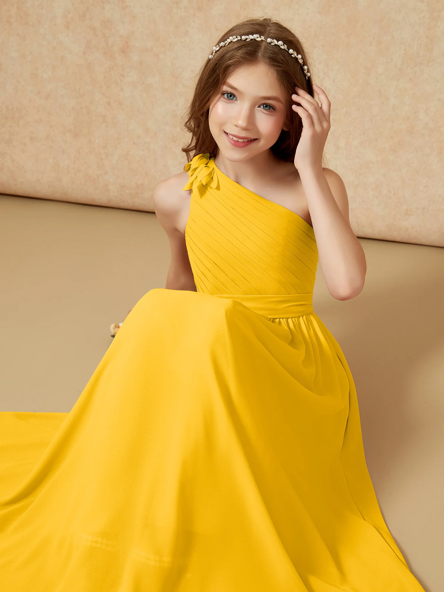 One Shoulder Long Junior Bridesmaid Dress With Slit Marigold - Image 7