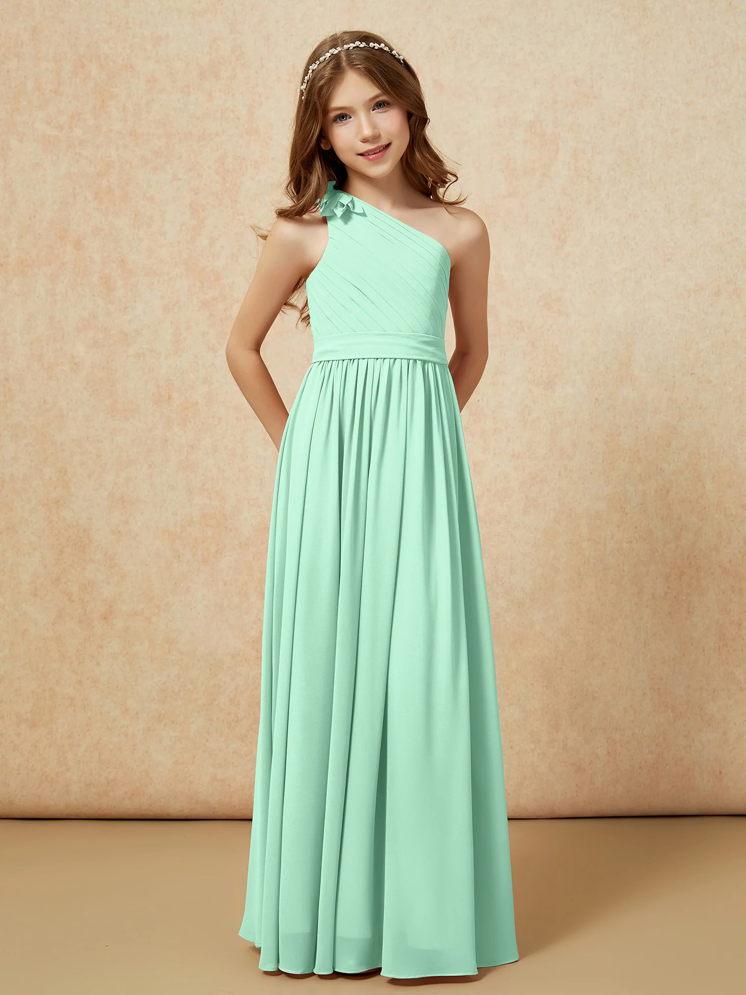 One Shoulder Long Junior Bridesmaid Dress With Slit Mint Green - Image 5