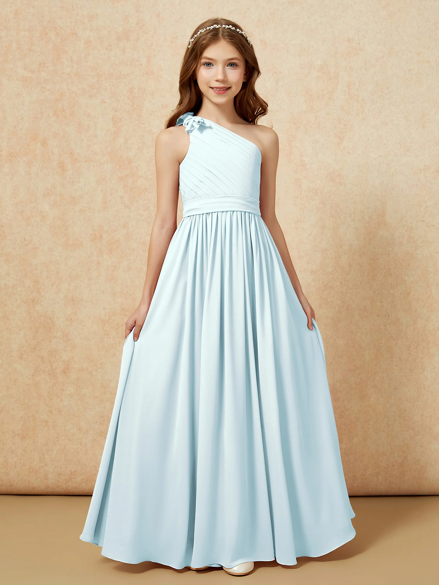 One Shoulder Long Junior Bridesmaid Dress With Slit Mist - Image 4