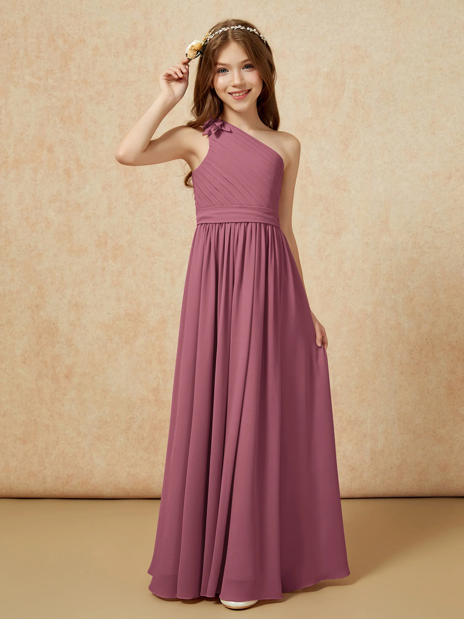 One Shoulder Long Junior Bridesmaid Dress With Slit Mulberry - Image 3