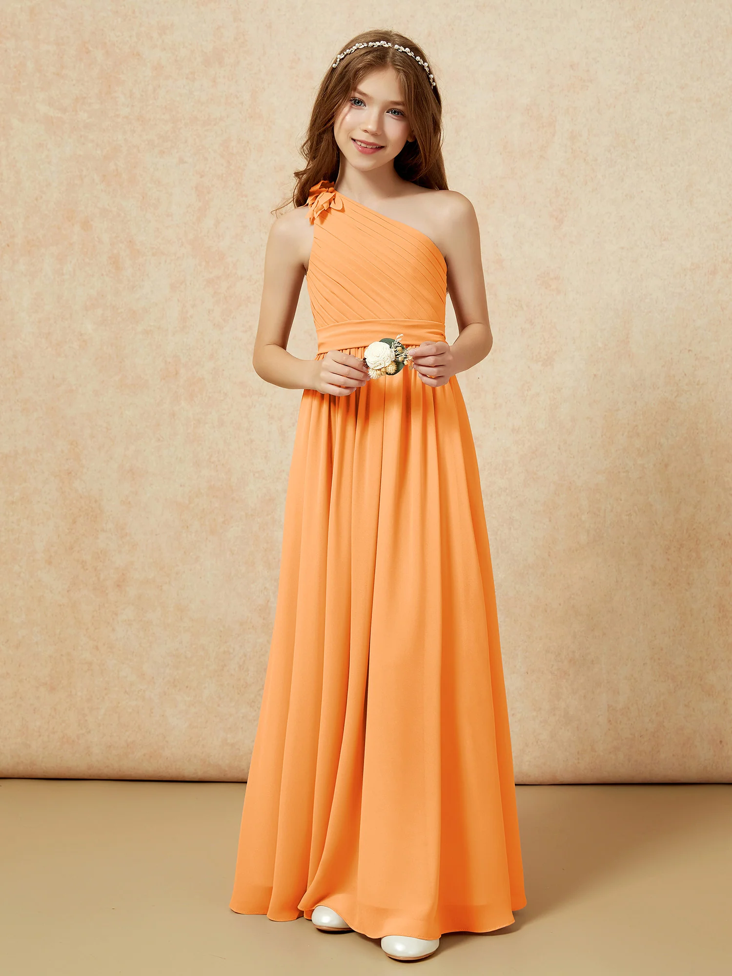 One Shoulder Long Junior Bridesmaid Dress With Slit Orange - Image 6