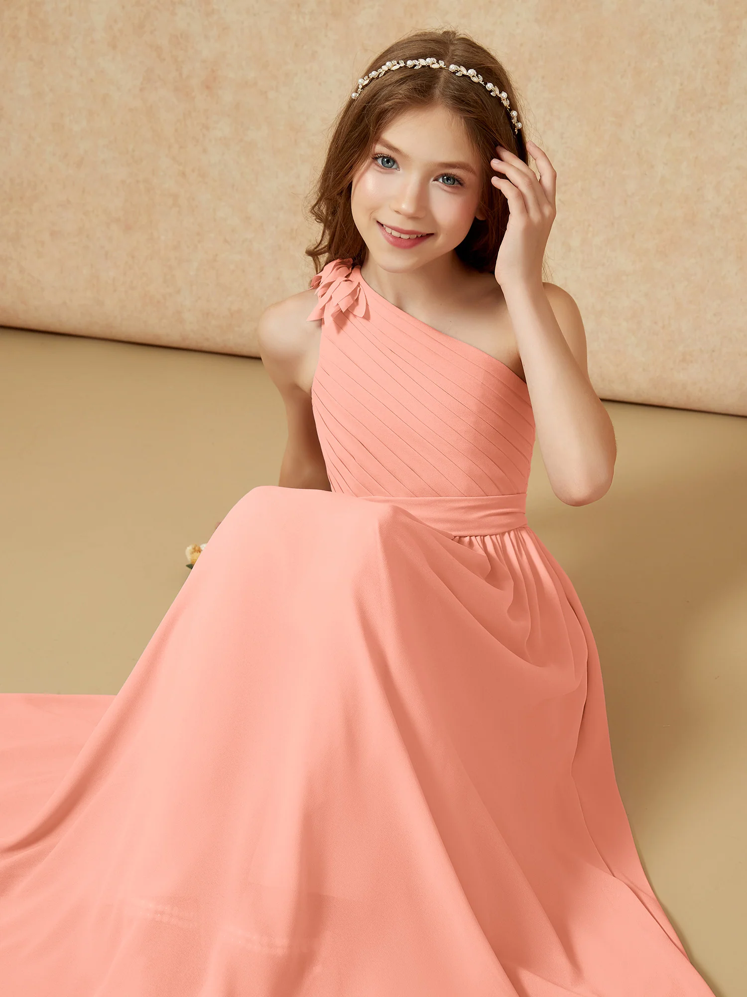 One Shoulder Long Junior Bridesmaid Dress With Slit Papaya - Image 7