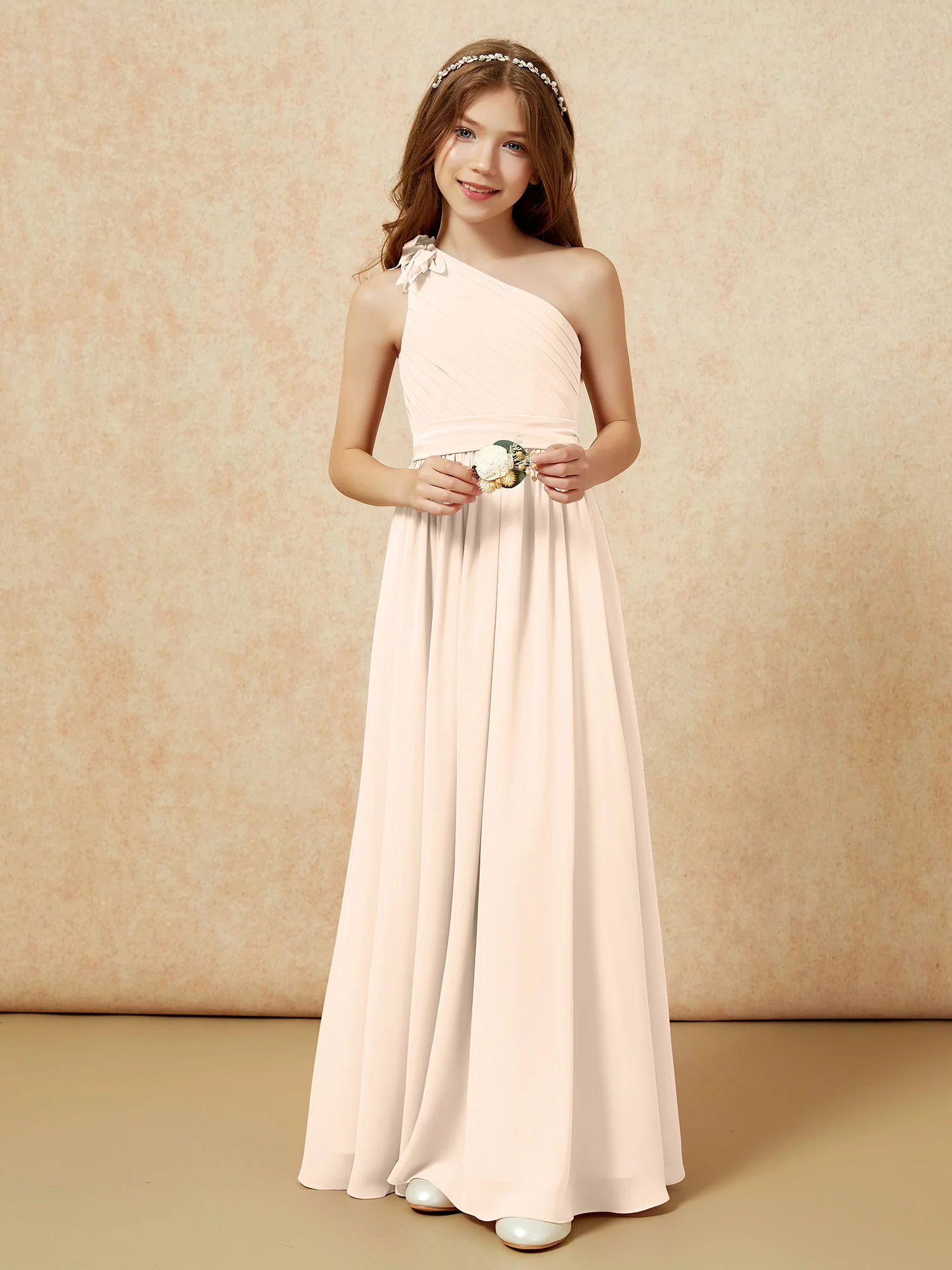 One Shoulder Long Junior Bridesmaid Dress With Slit Peach - Image 6