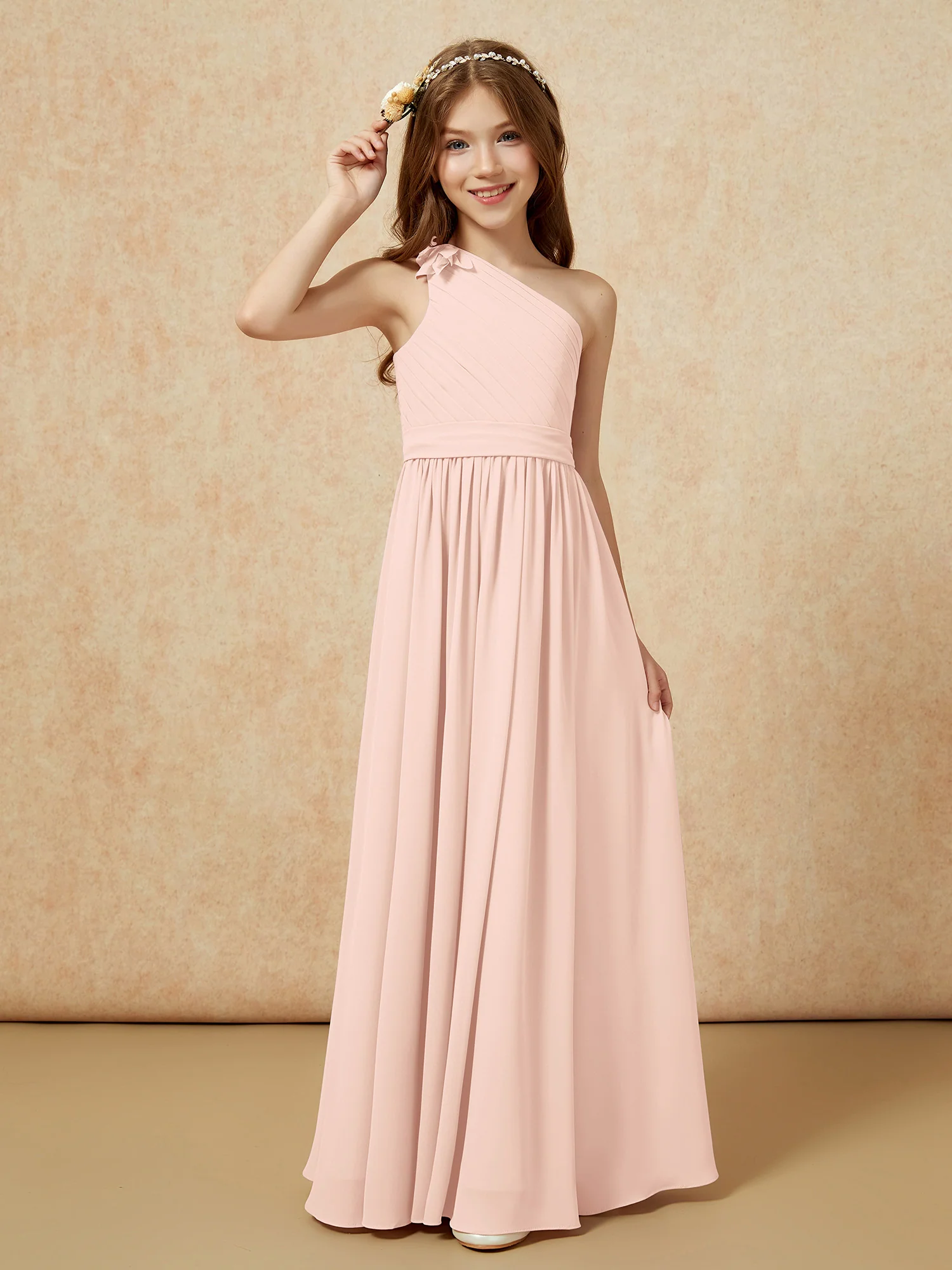 One Shoulder Long Junior Bridesmaid Dress With Slit Pearl Pink - Image 3