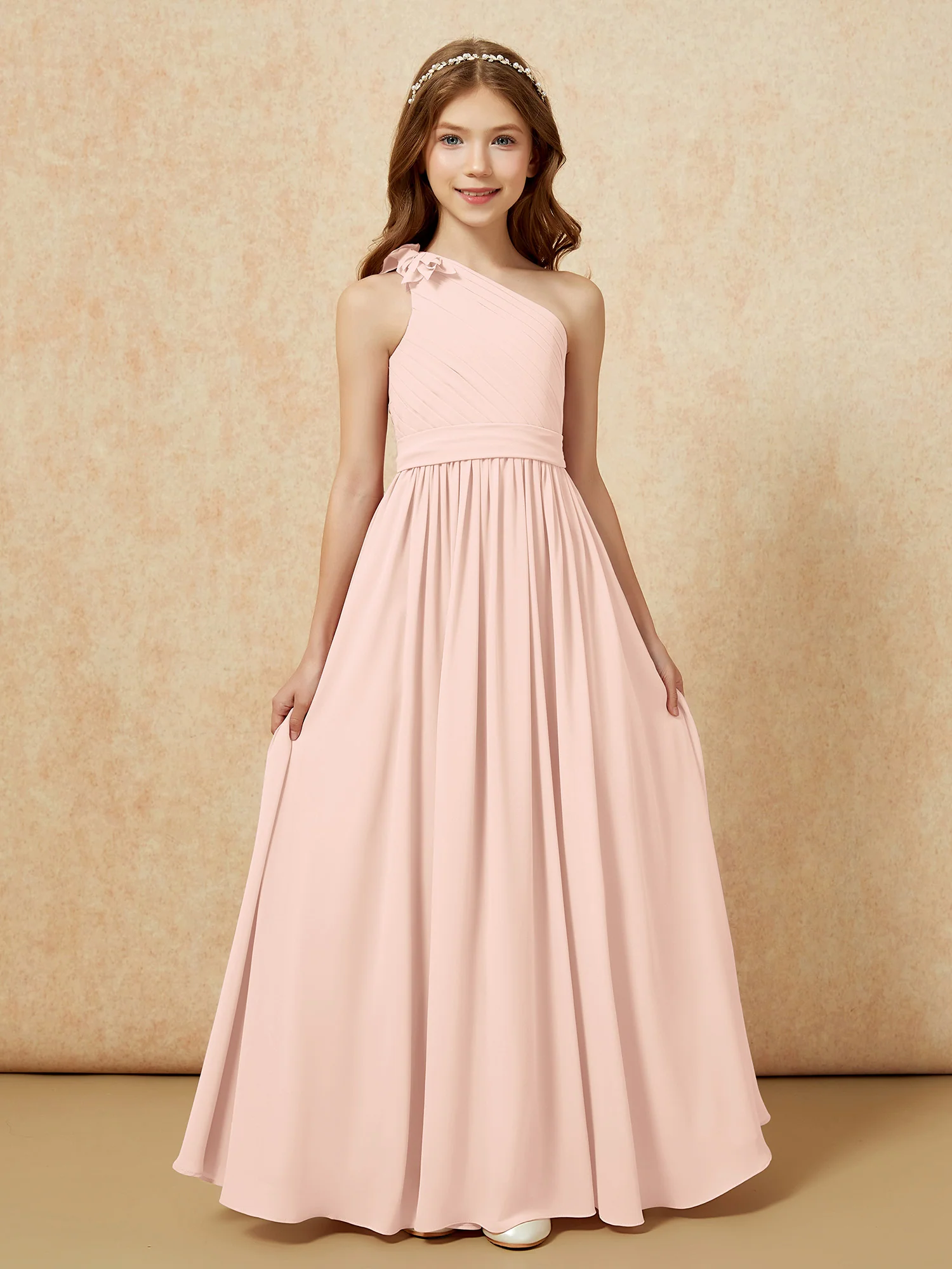 One Shoulder Long Junior Bridesmaid Dress With Slit Pearl Pink - Image 4