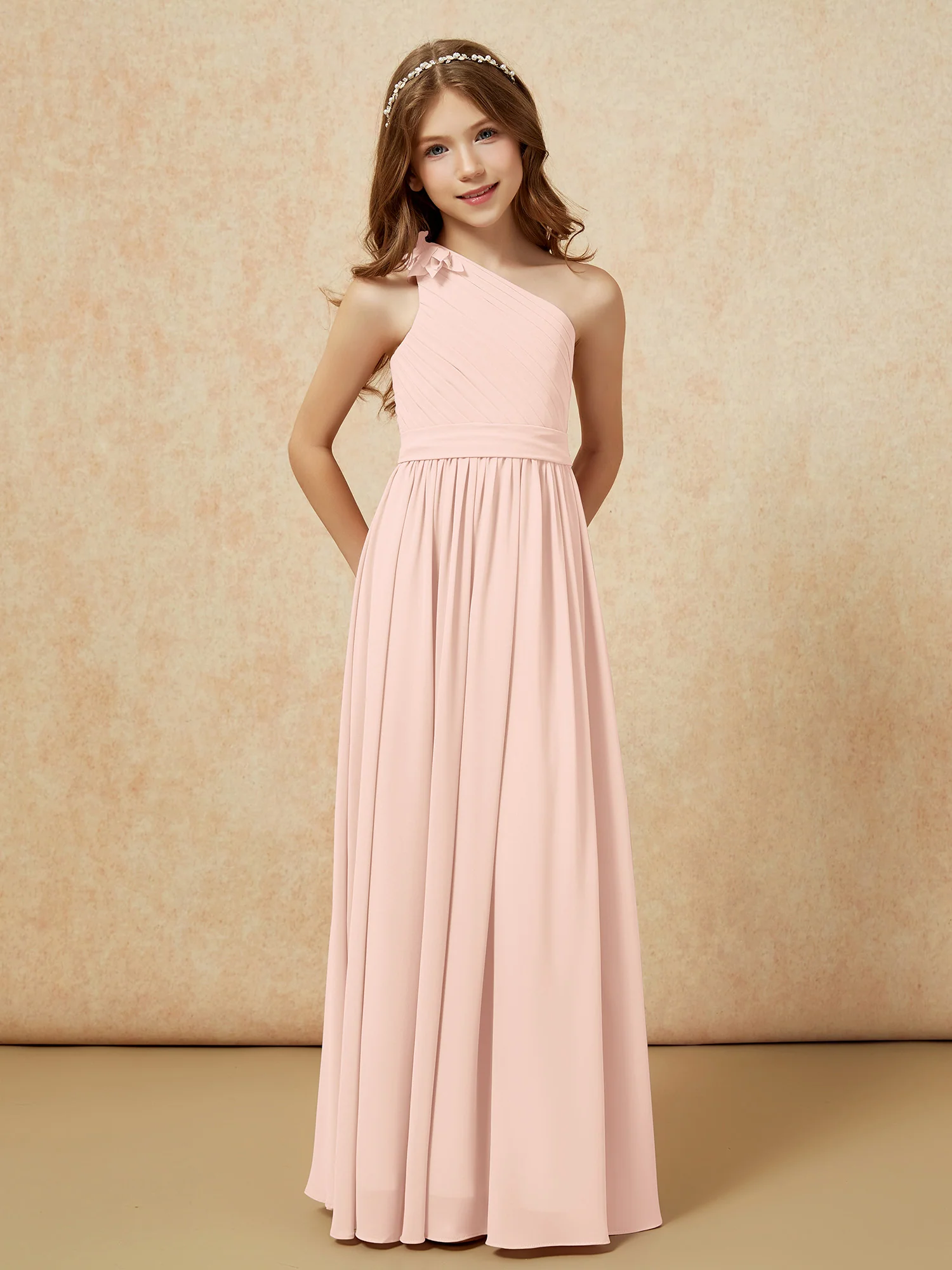 One Shoulder Long Junior Bridesmaid Dress With Slit Pearl Pink - Image 5