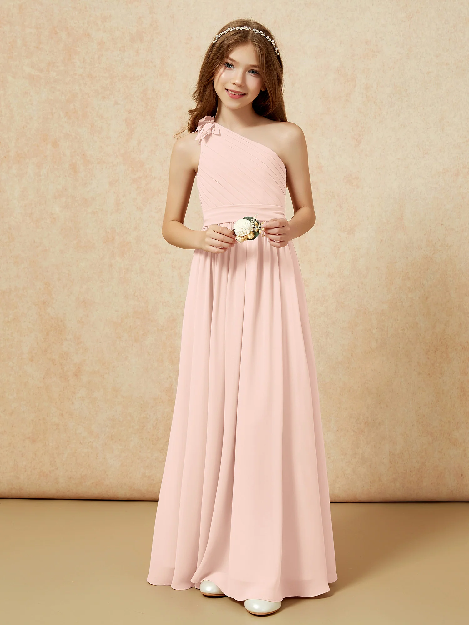 One Shoulder Long Junior Bridesmaid Dress With Slit Pearl Pink - Image 6