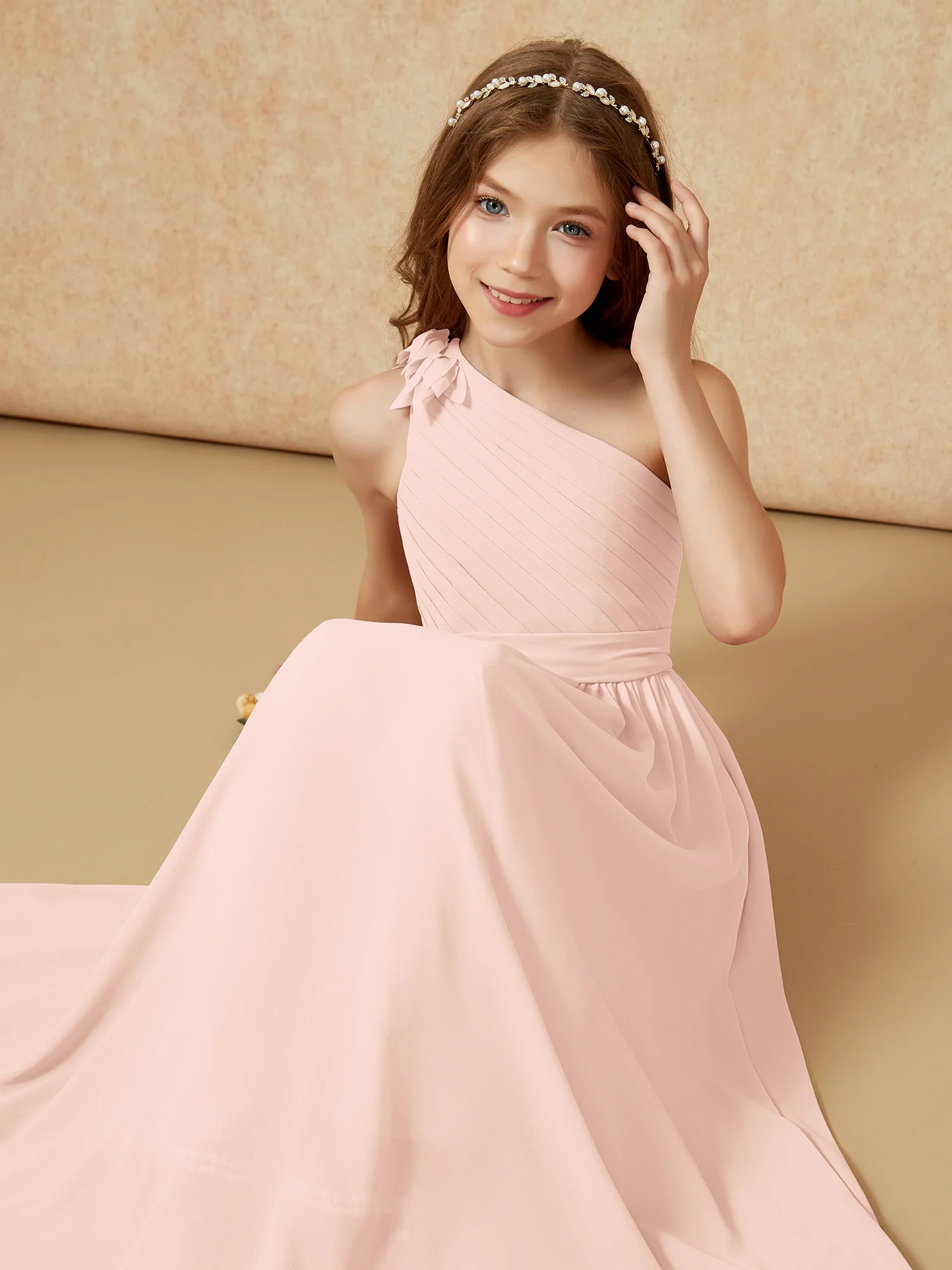 One Shoulder Long Junior Bridesmaid Dress With Slit Pearl Pink - Image 7