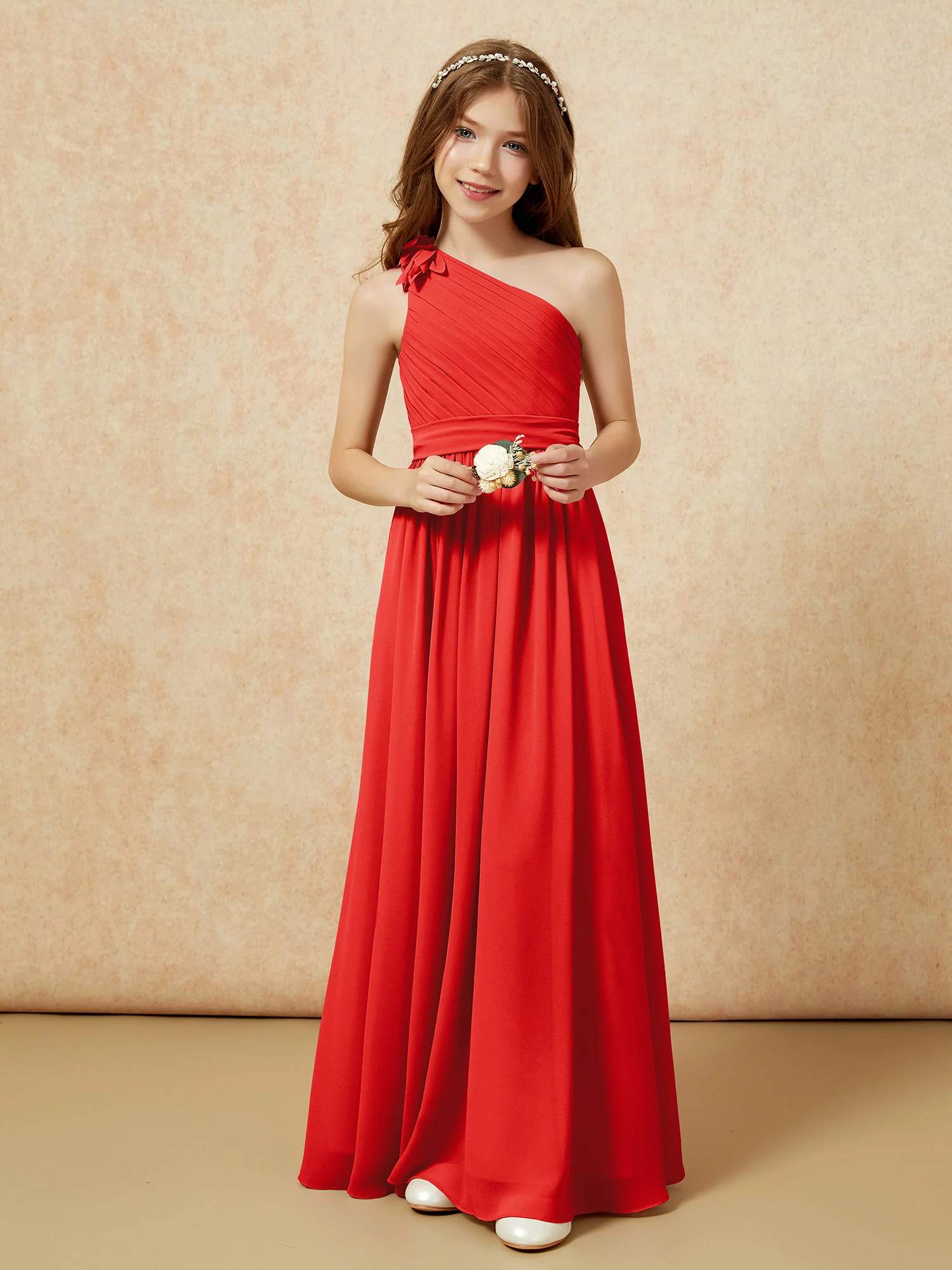 One Shoulder Long Junior Bridesmaid Dress With Slit Red - Image 6