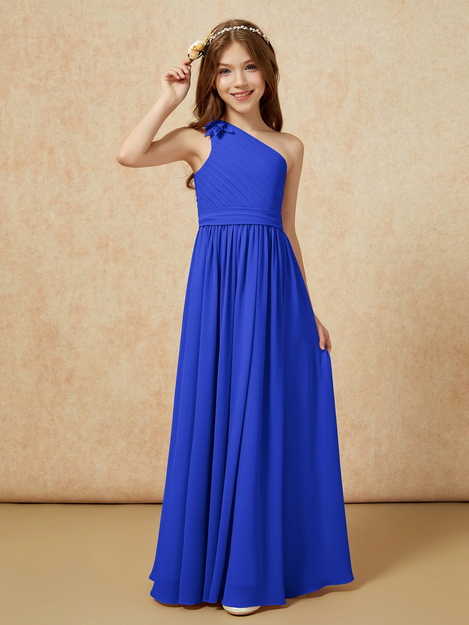 One Shoulder Long Junior Bridesmaid Dress With Slit Royal Blue - Image 3
