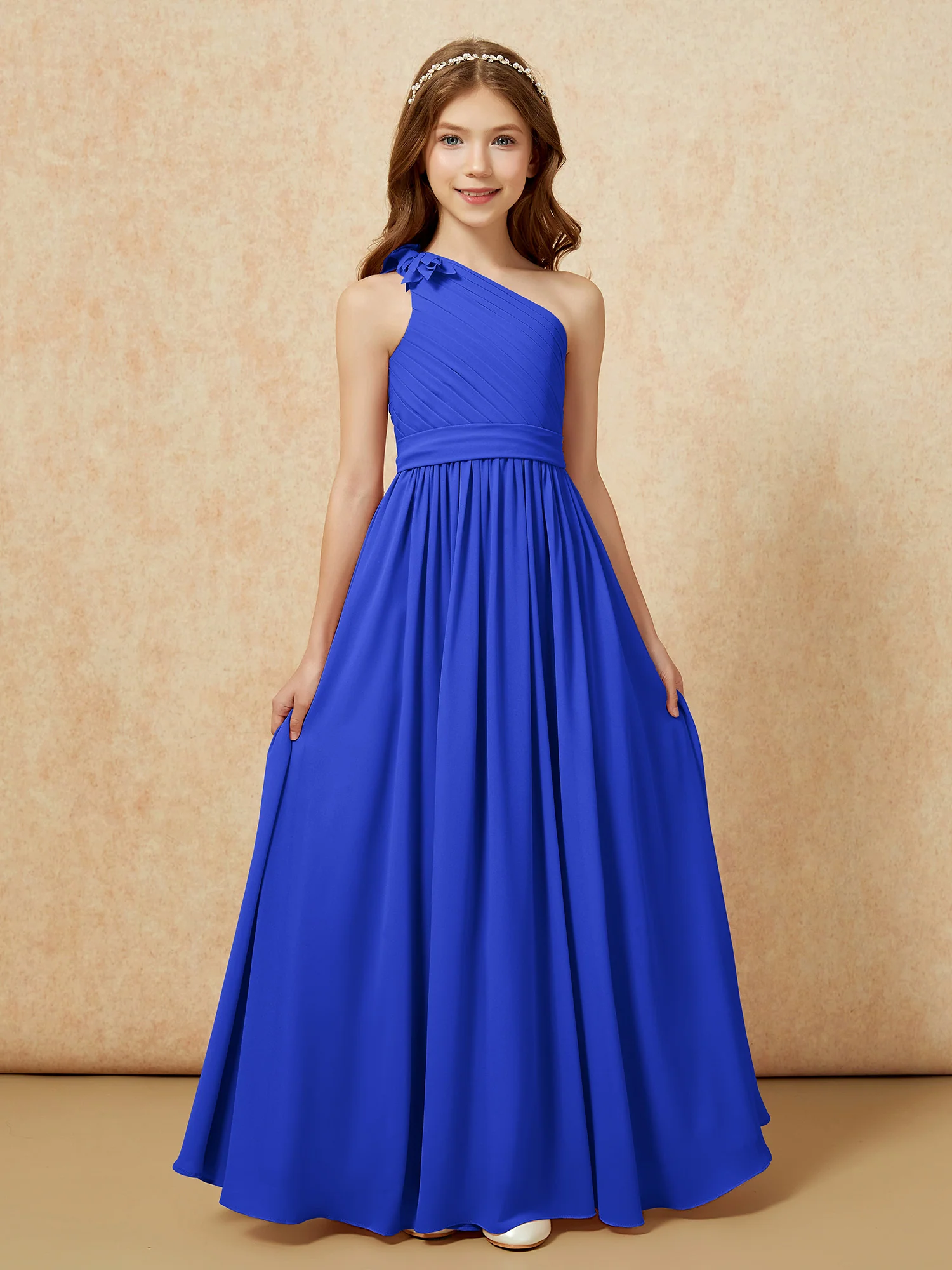 One Shoulder Long Junior Bridesmaid Dress With Slit Royal Blue - Image 4