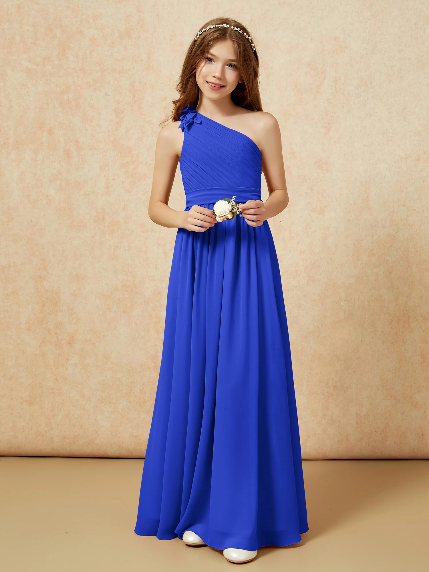 One Shoulder Long Junior Bridesmaid Dress With Slit Royal Blue - Image 6