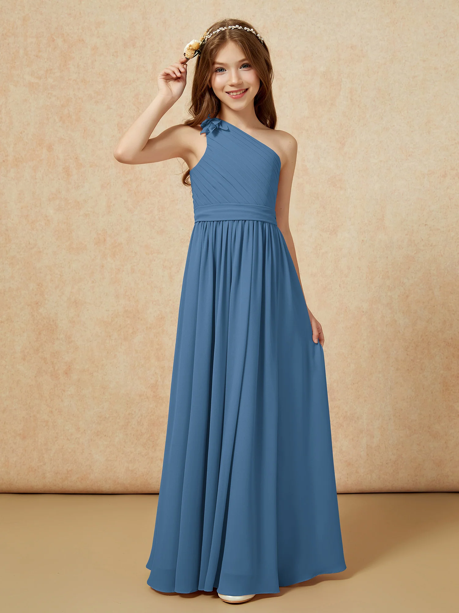 One Shoulder Long Junior Bridesmaid Dress With Slit Slate Blue - Image 3