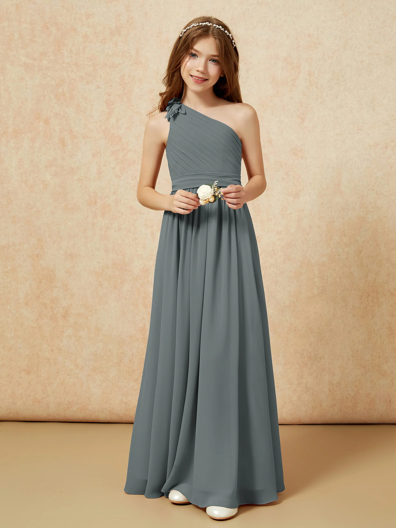 One Shoulder Long Junior Bridesmaid Dress With Slit Steel Grey - Image 6
