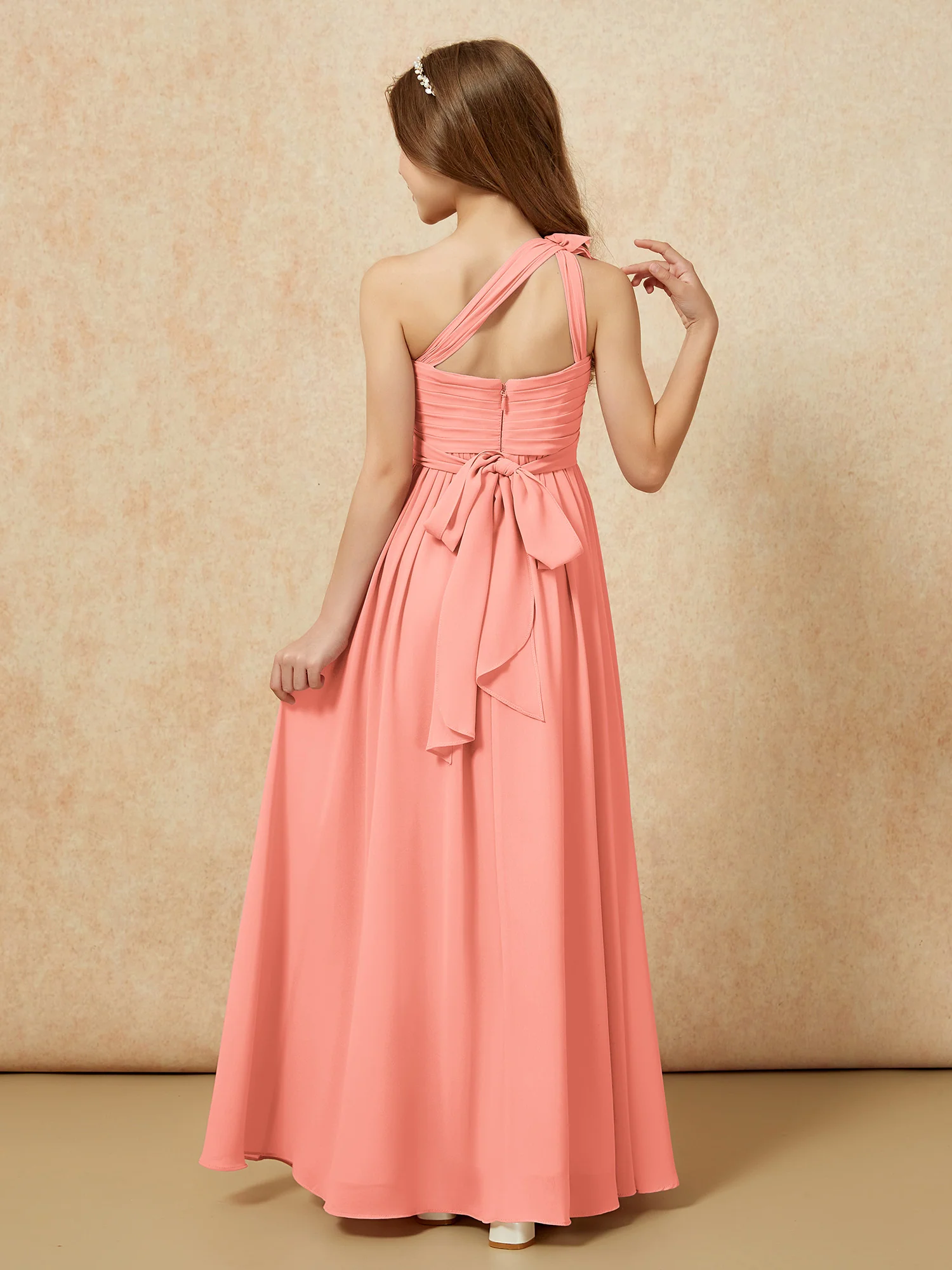 One Shoulder Long Junior Bridesmaid Dress With Slit Sunset - Image 2
