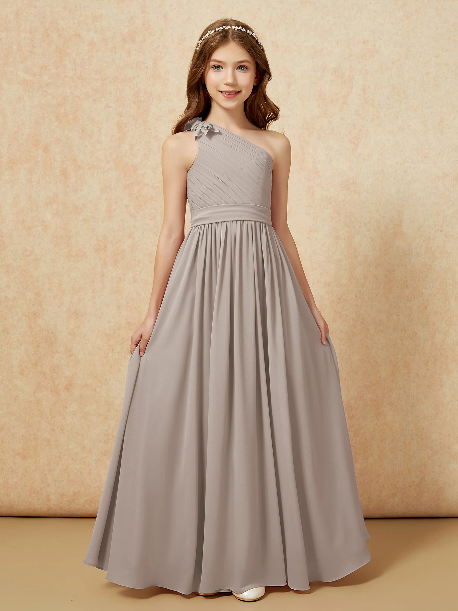 One Shoulder Long Junior Bridesmaid Dress With Slit Taupe - Image 4