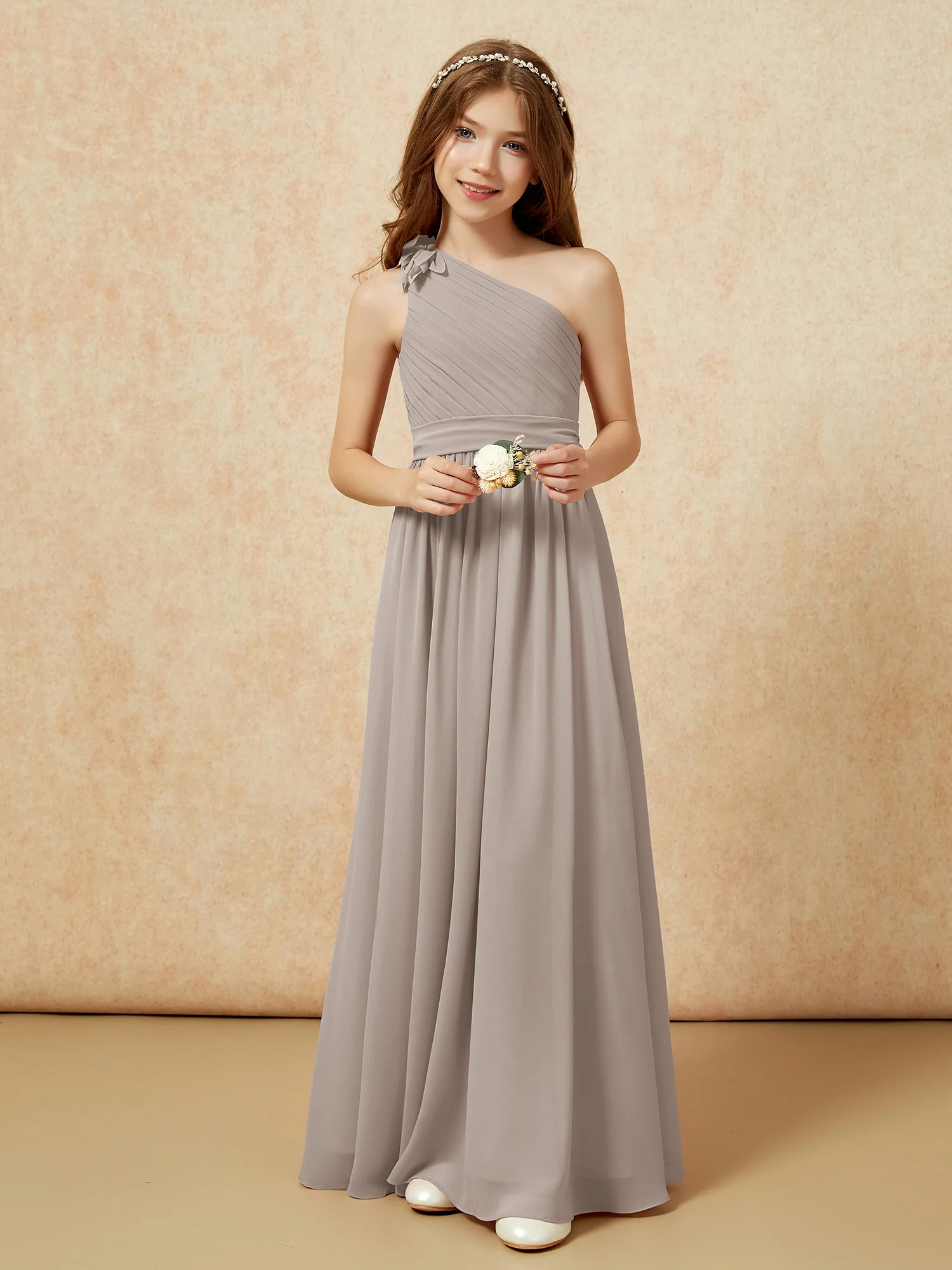 One Shoulder Long Junior Bridesmaid Dress With Slit Taupe - Image 6