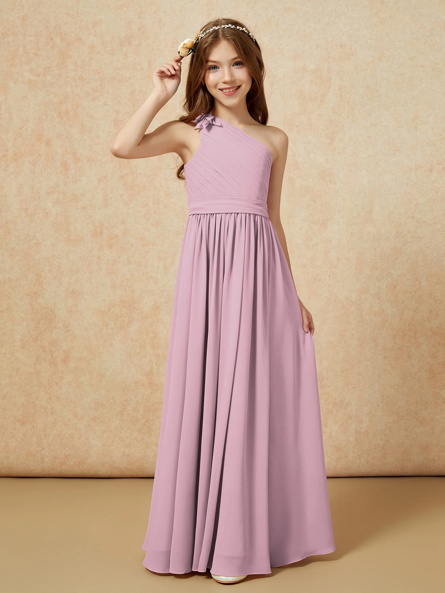 One Shoulder Long Junior Bridesmaid Dress With Slit Vintage Mauve - Image 3