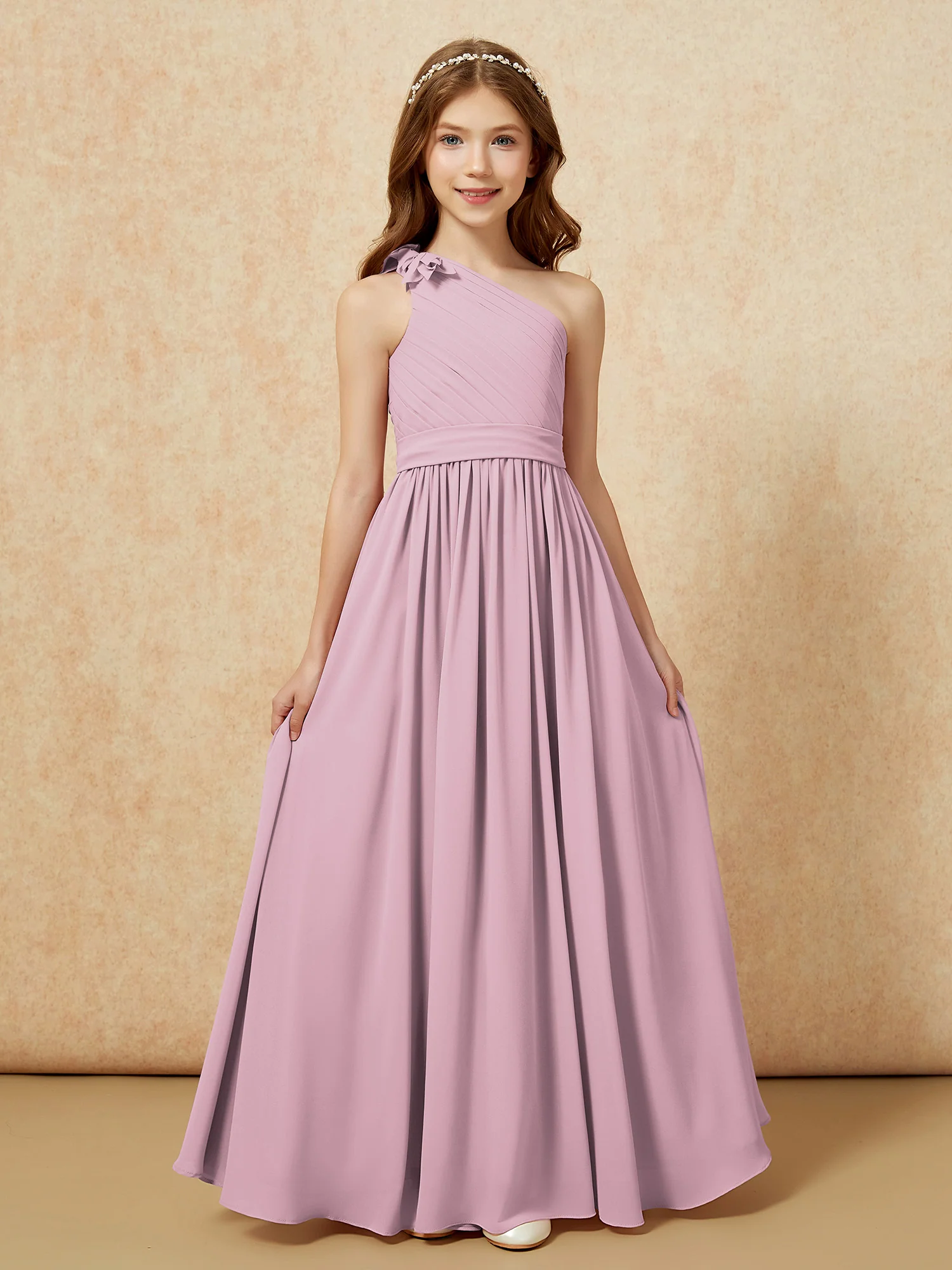 One Shoulder Long Junior Bridesmaid Dress With Slit Vintage Mauve - Image 4