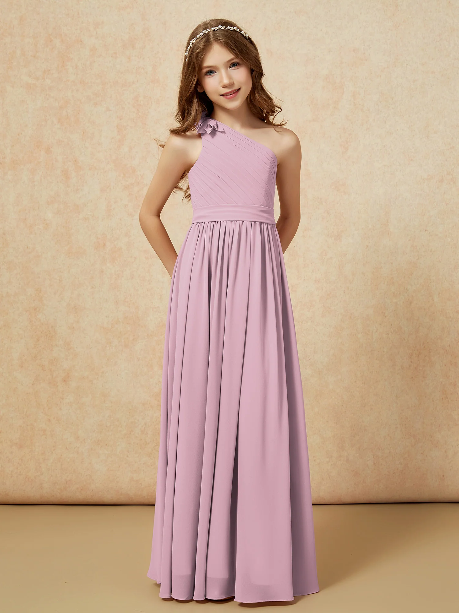 One Shoulder Long Junior Bridesmaid Dress With Slit Vintage Mauve - Image 5