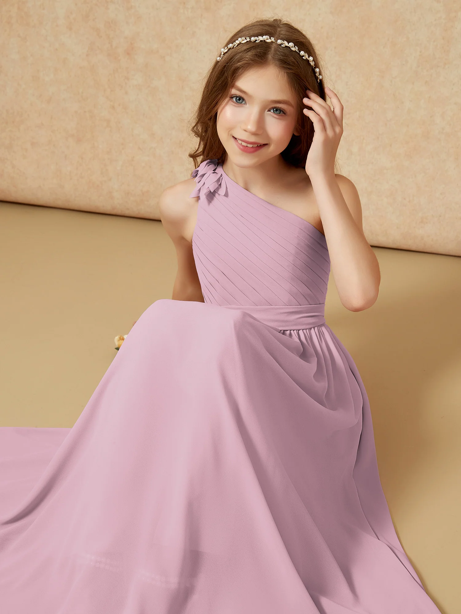 One Shoulder Long Junior Bridesmaid Dress With Slit Vintage Mauve - Image 7
