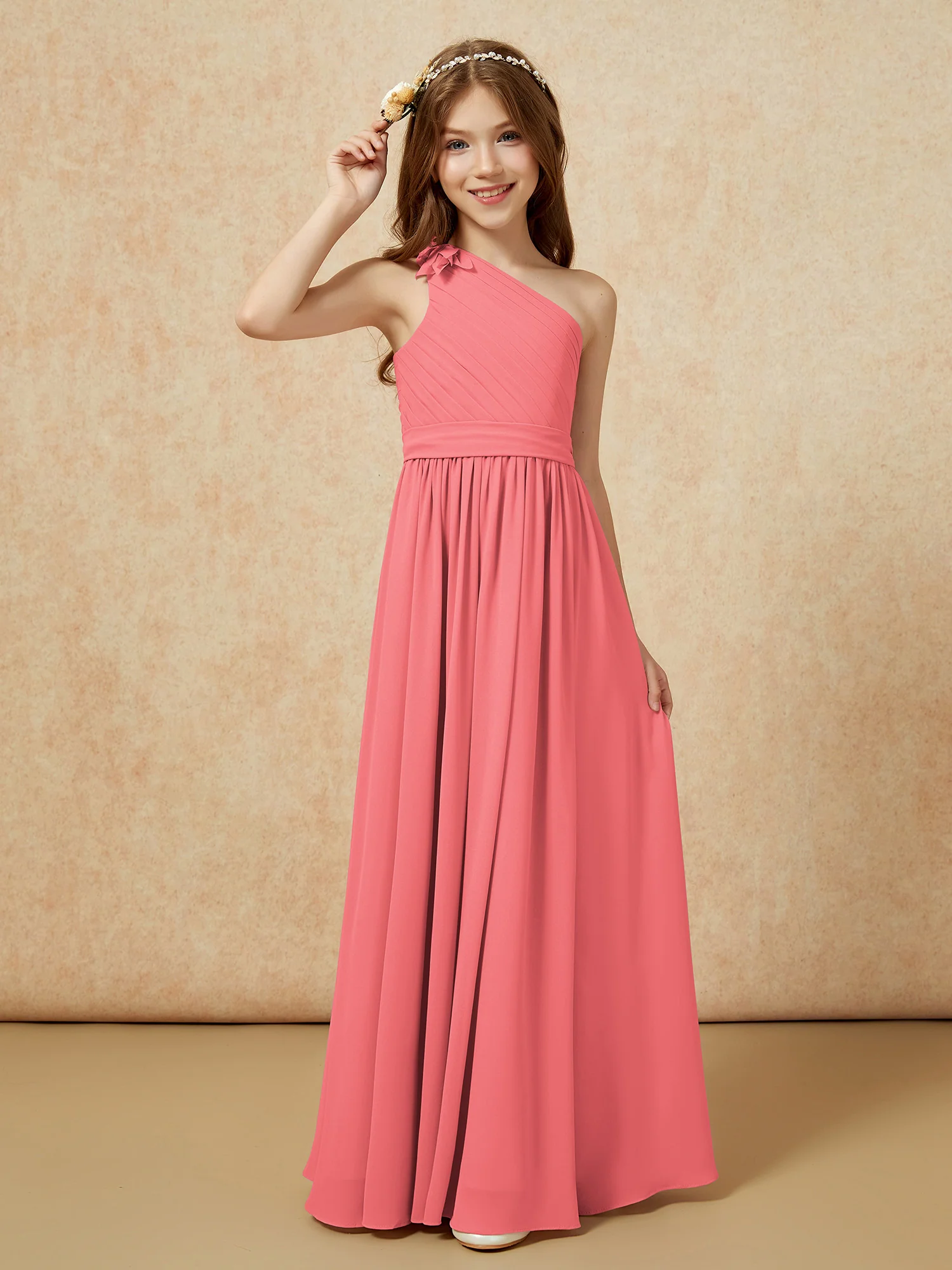 One Shoulder Long Junior Bridesmaid Dress With Slit Watermelon - Image 3
