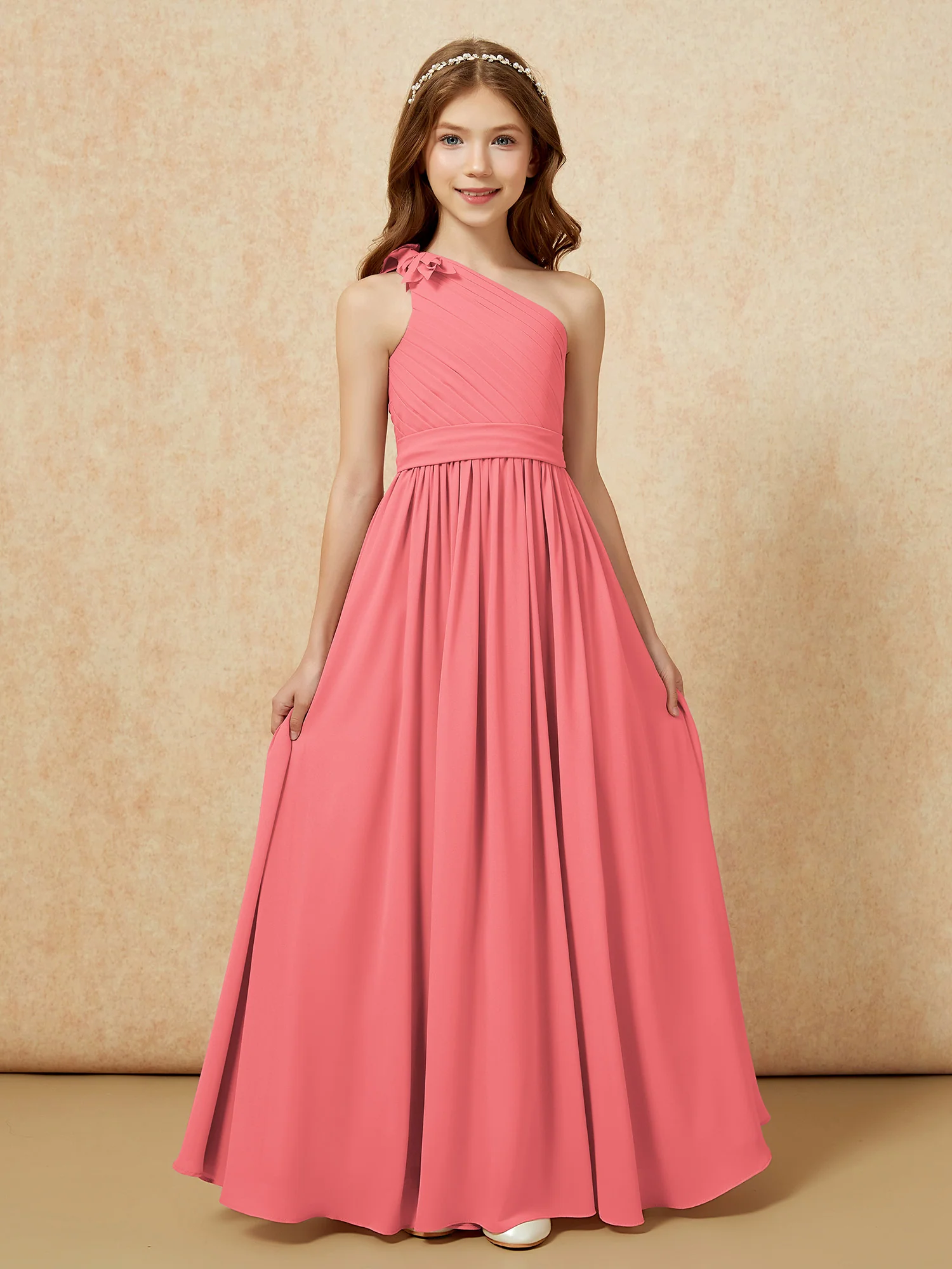 One Shoulder Long Junior Bridesmaid Dress With Slit Watermelon - Image 4