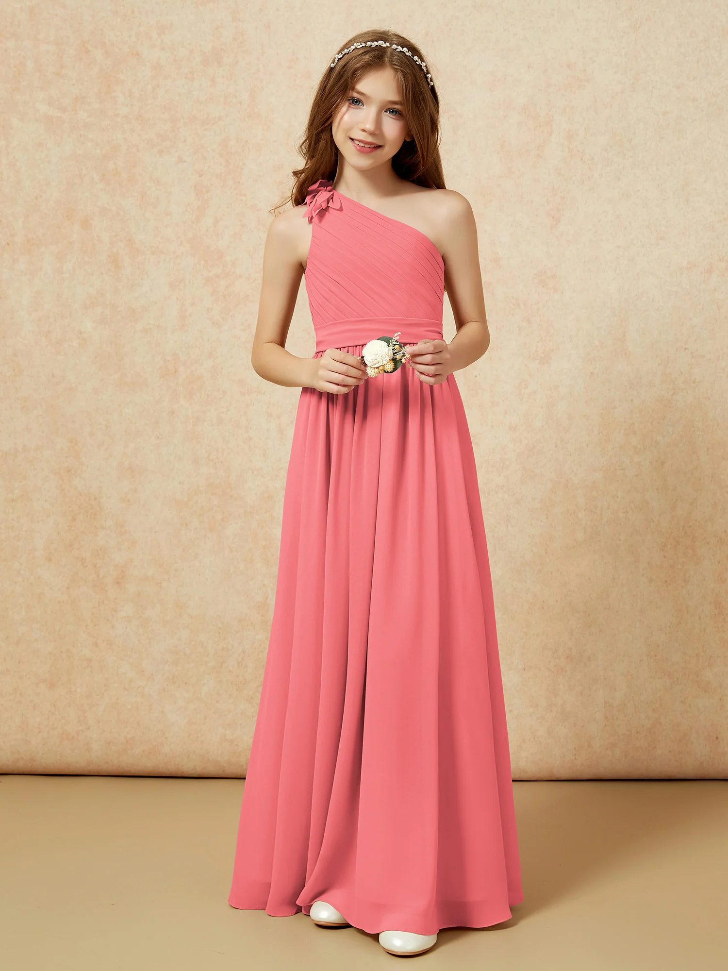 One Shoulder Long Junior Bridesmaid Dress With Slit Watermelon - Image 6