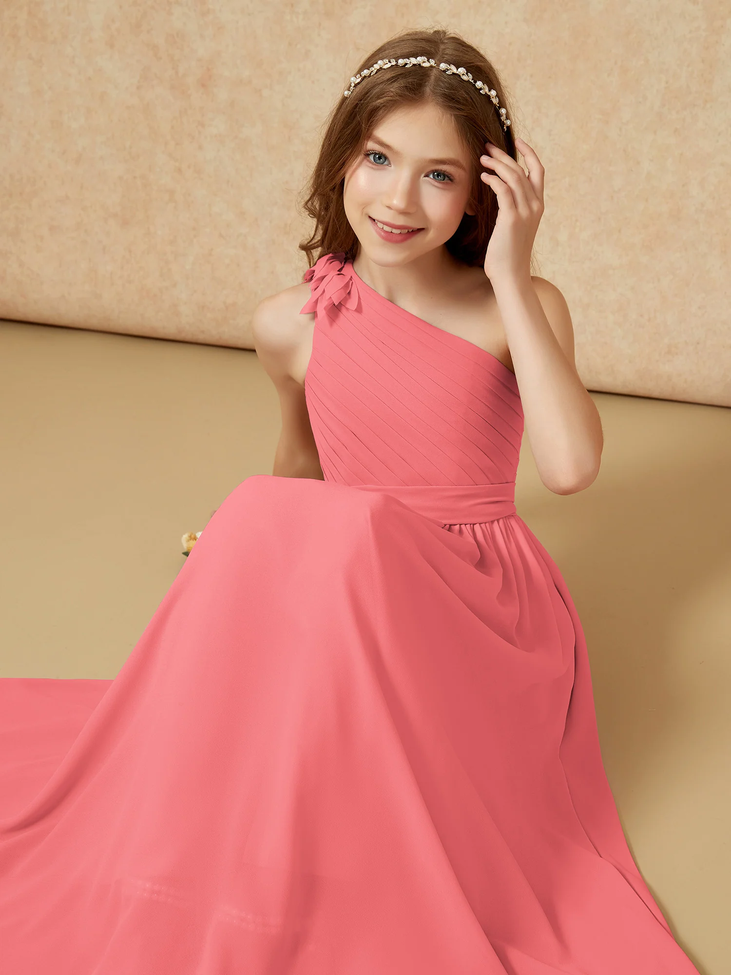 One Shoulder Long Junior Bridesmaid Dress With Slit Watermelon - Image 7