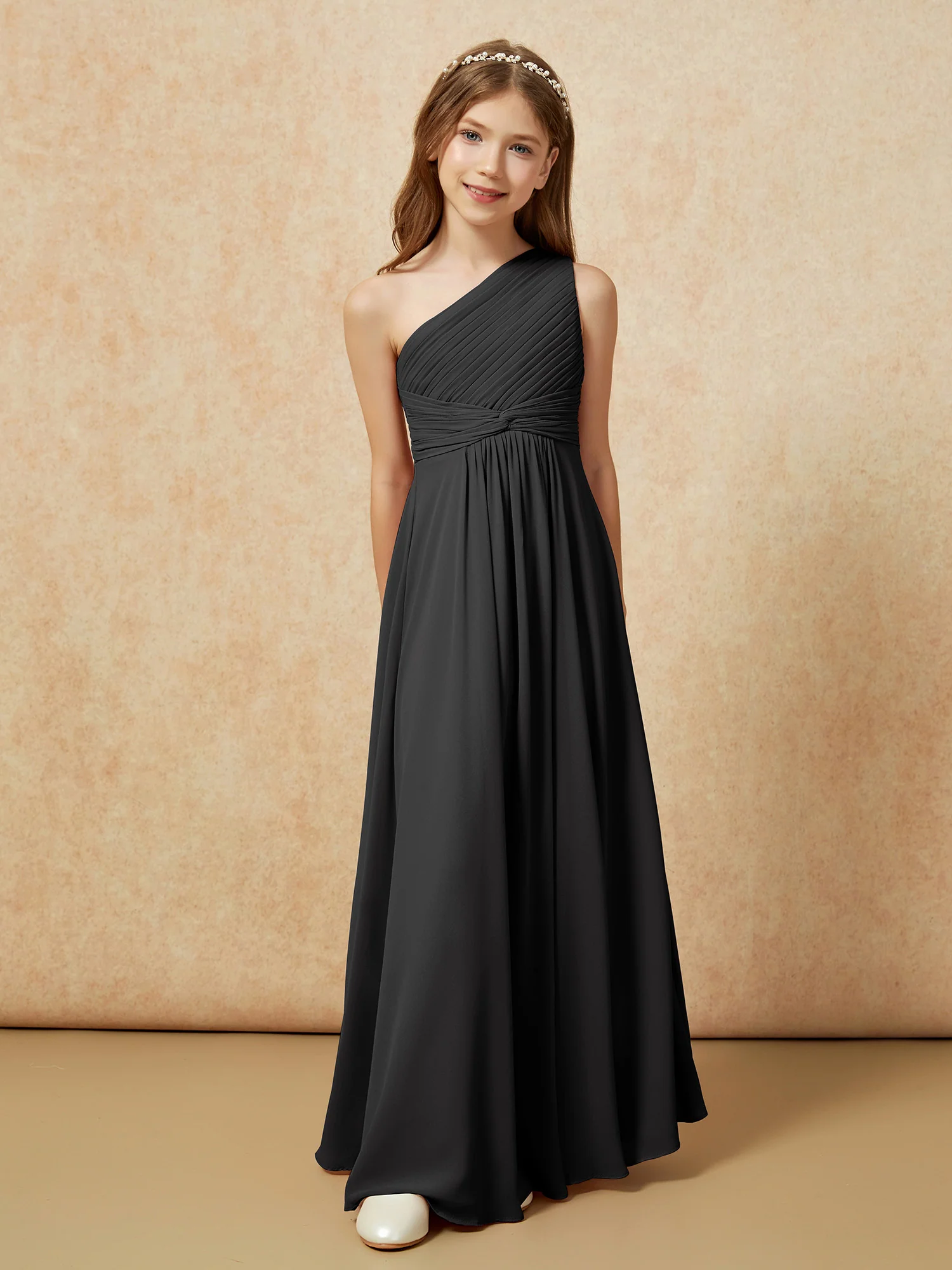 One Shoulder Pleated Chiffon Junior Bridesmaid Dress Black