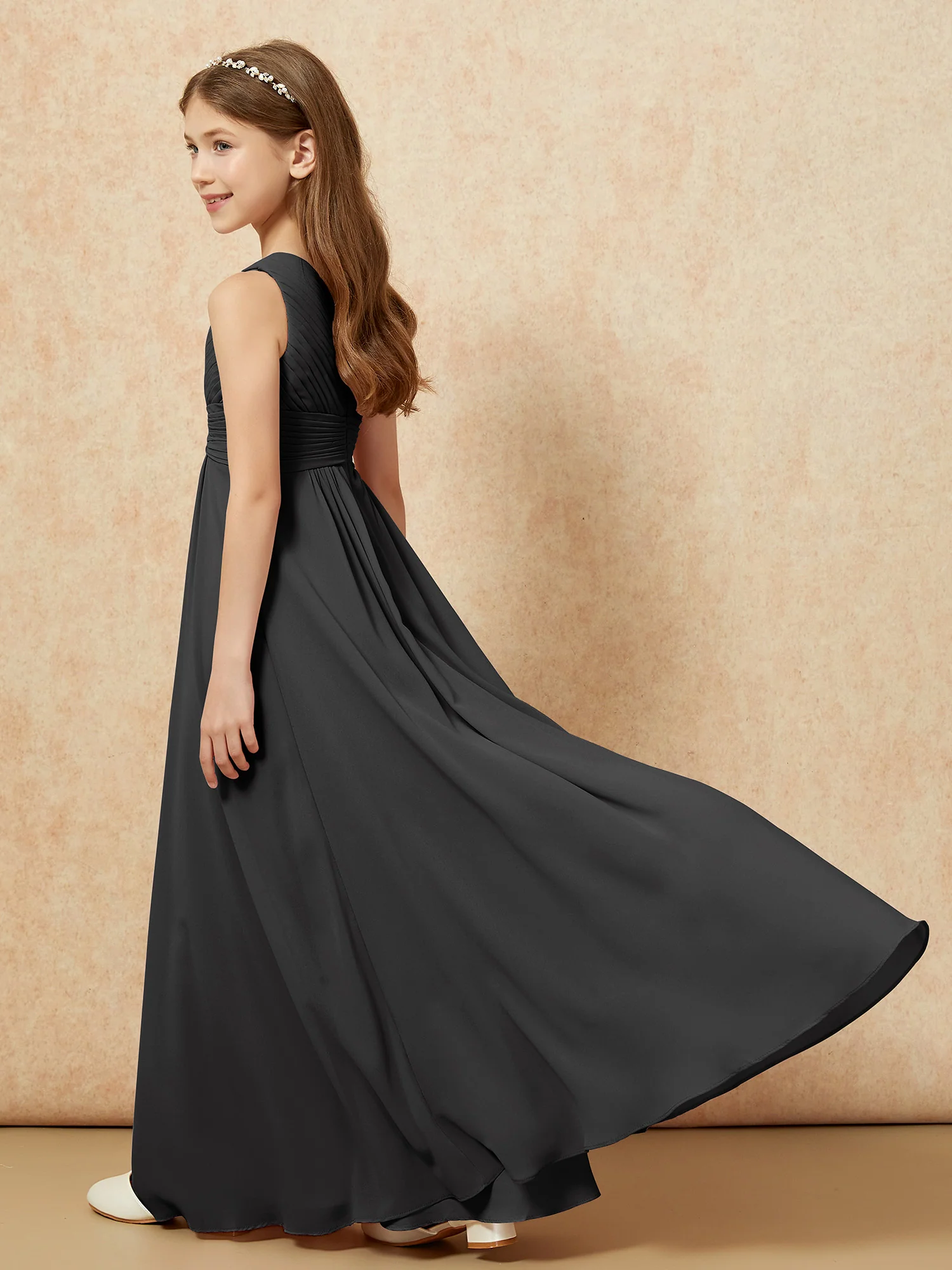 One Shoulder Pleated Chiffon Junior Bridesmaid Dress Black - Image 6